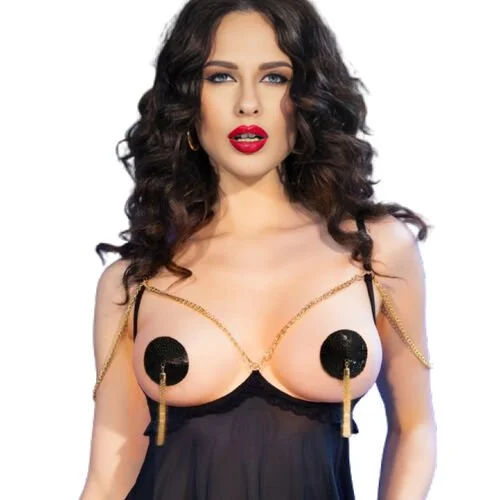 cache tétons noir avec froufrou doré