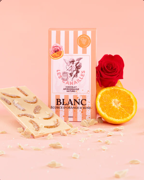Tablette chocolat aphrodisiaque • Blanc, écorce d'Orange et Rose • 100g