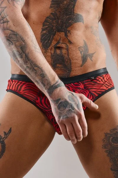 slip type brésilien ouvert zébré rouge et noir 2XL