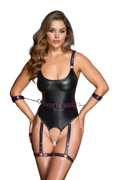 body à jarretelle ouvert avec menottes S/M/L/XL