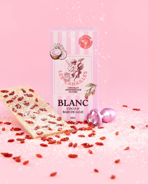 Tablette chocolat aphrodisiaque • Blanc, Noix de coco et baie de Goji • 100g