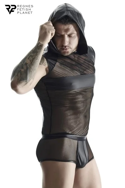 t-shirt à capuche wetlook et mesh S/M/L/XL/2XL
