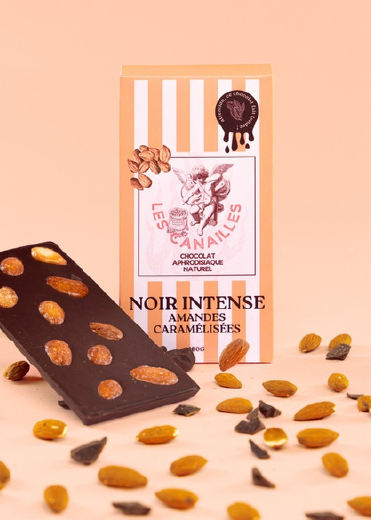 Tablette chocolat aphrodisiaque • Noir, Amandes caramélisées • 100g