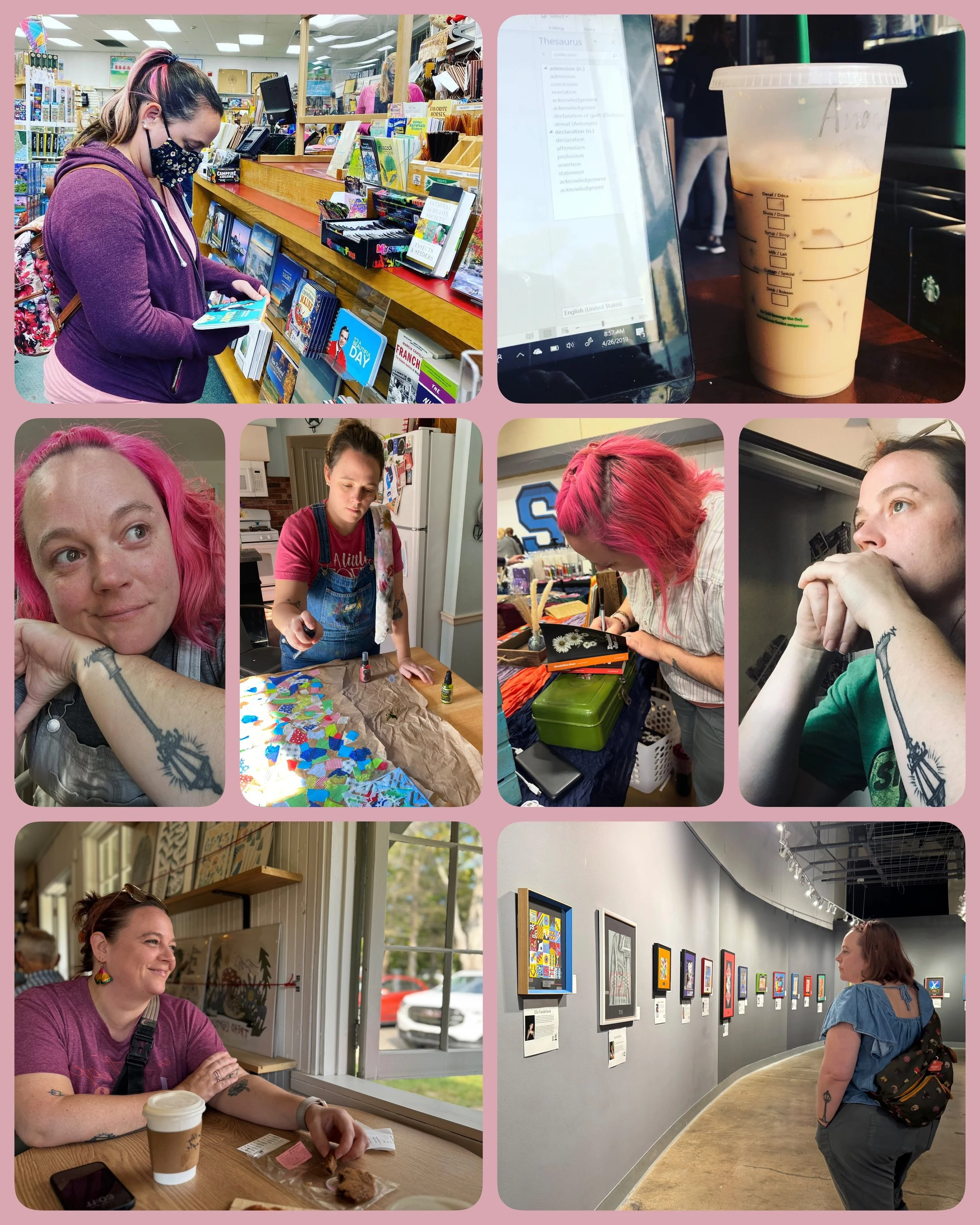 A collage of eight photos: top left shows a woman in a purple hoodie browsing books at a bookstore; top right displays a close-up of a Starbucks iced drink on a table next to a digital screen; middle left features a woman with pink hair and tattoos resting her chin on her hand; middle center shows a woman in an apron creating mosaic art on a table; middle right depicts a woman with pink hair writing or drawing; bottom left presents a woman with red hair with a coffee and a pastry in a cafe; bottom right captures a woman viewing artwork in an art gallery.
