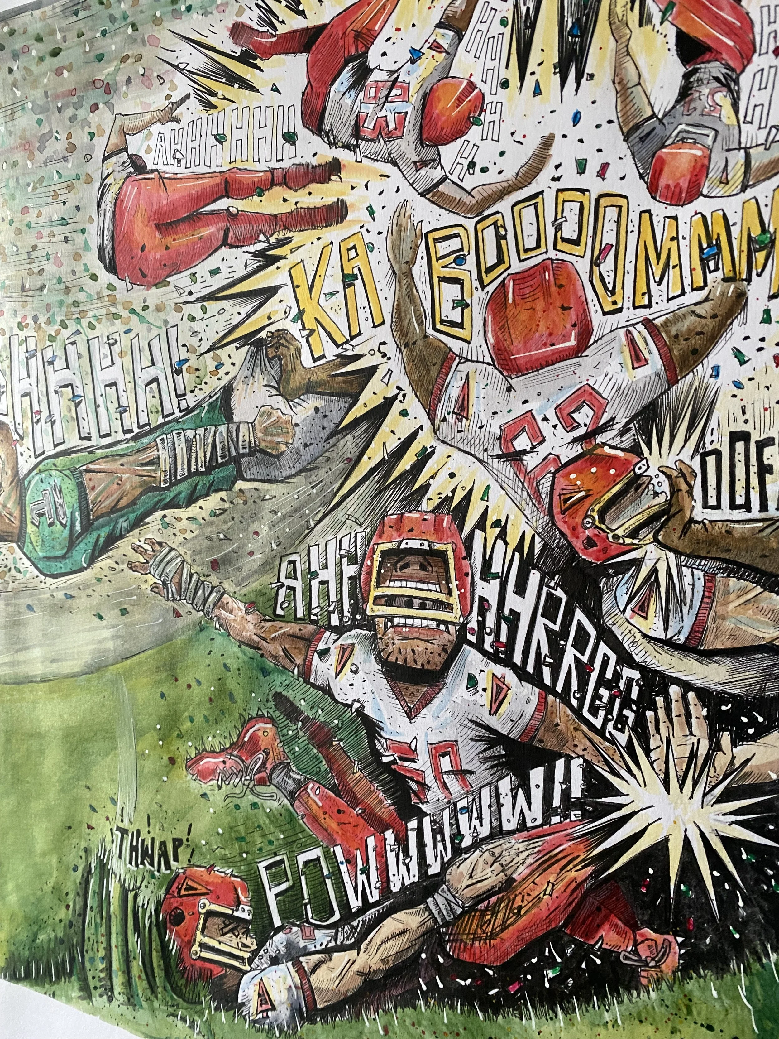 Ink and watercolor illustration zoomed in on the defensive line from the Brotherly Shove illustration