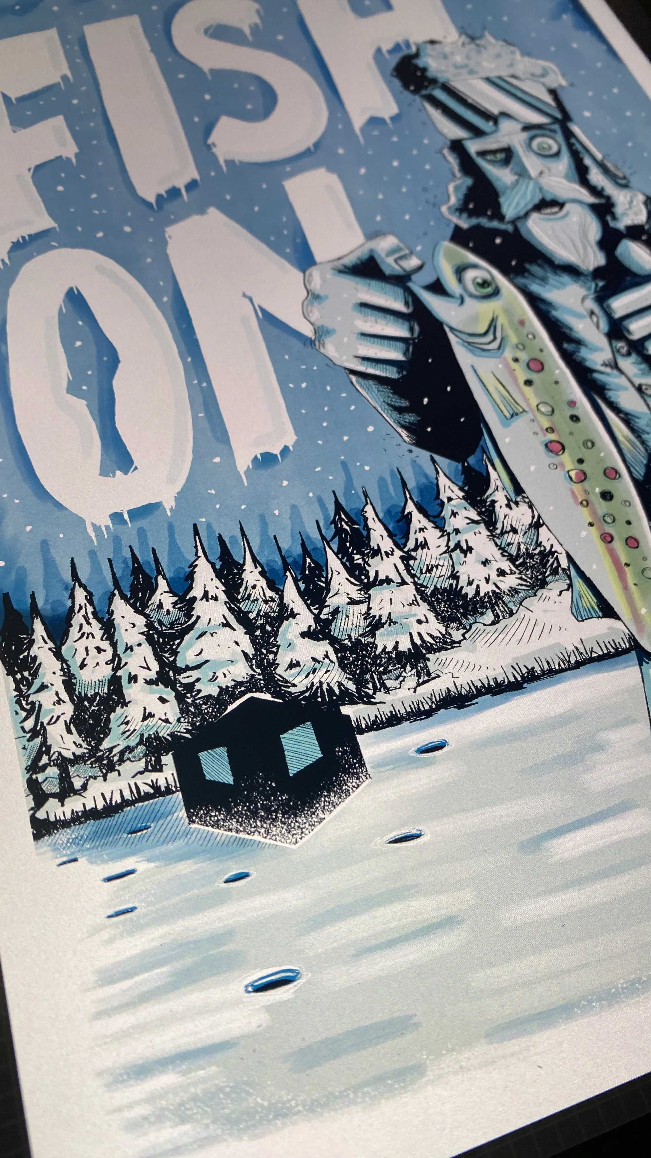 Fish On digital illustration of ice fishing zoomed in on the tent