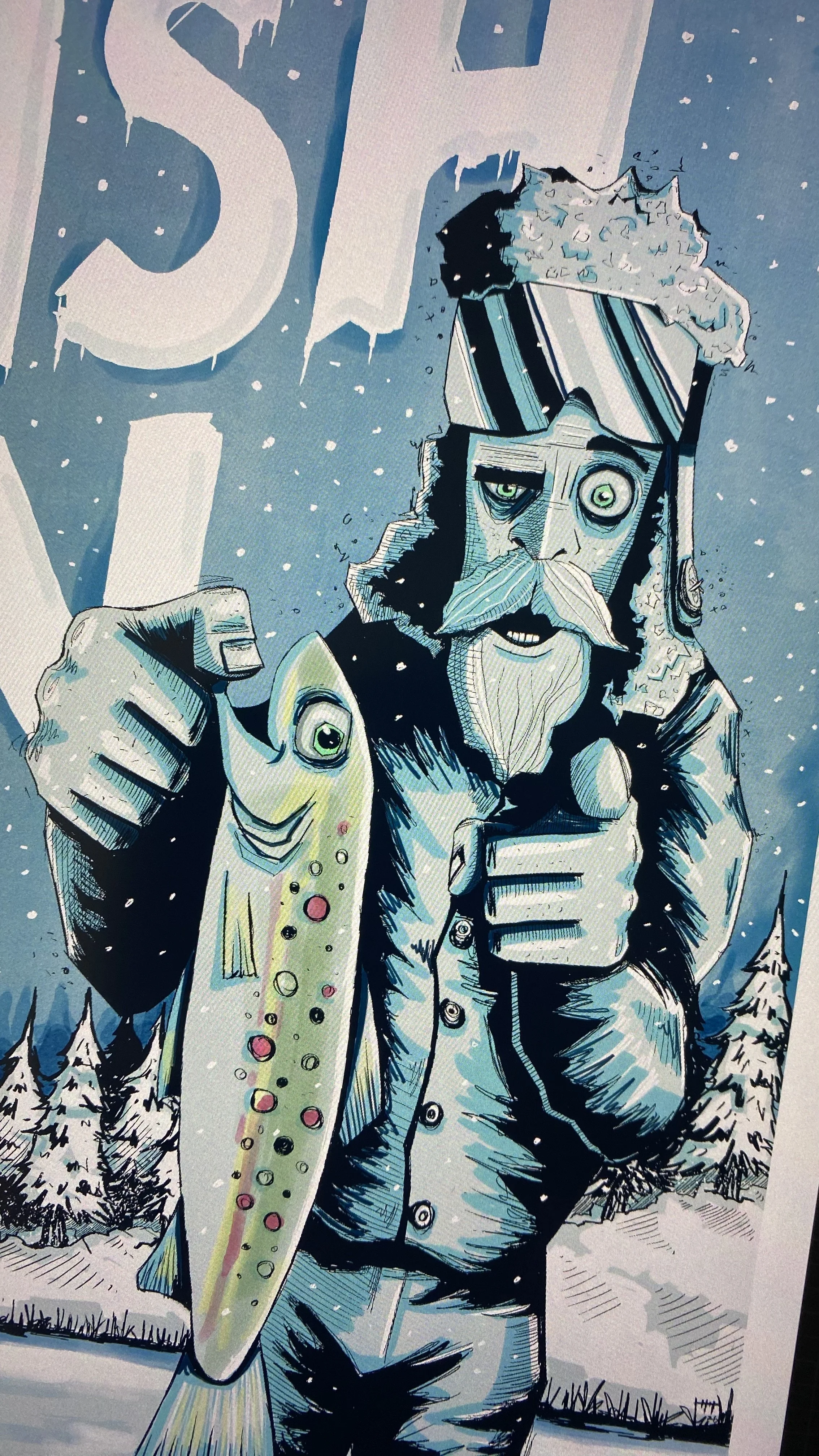 Fish On digital illustration of ice fishing zoomed in on the fisherman