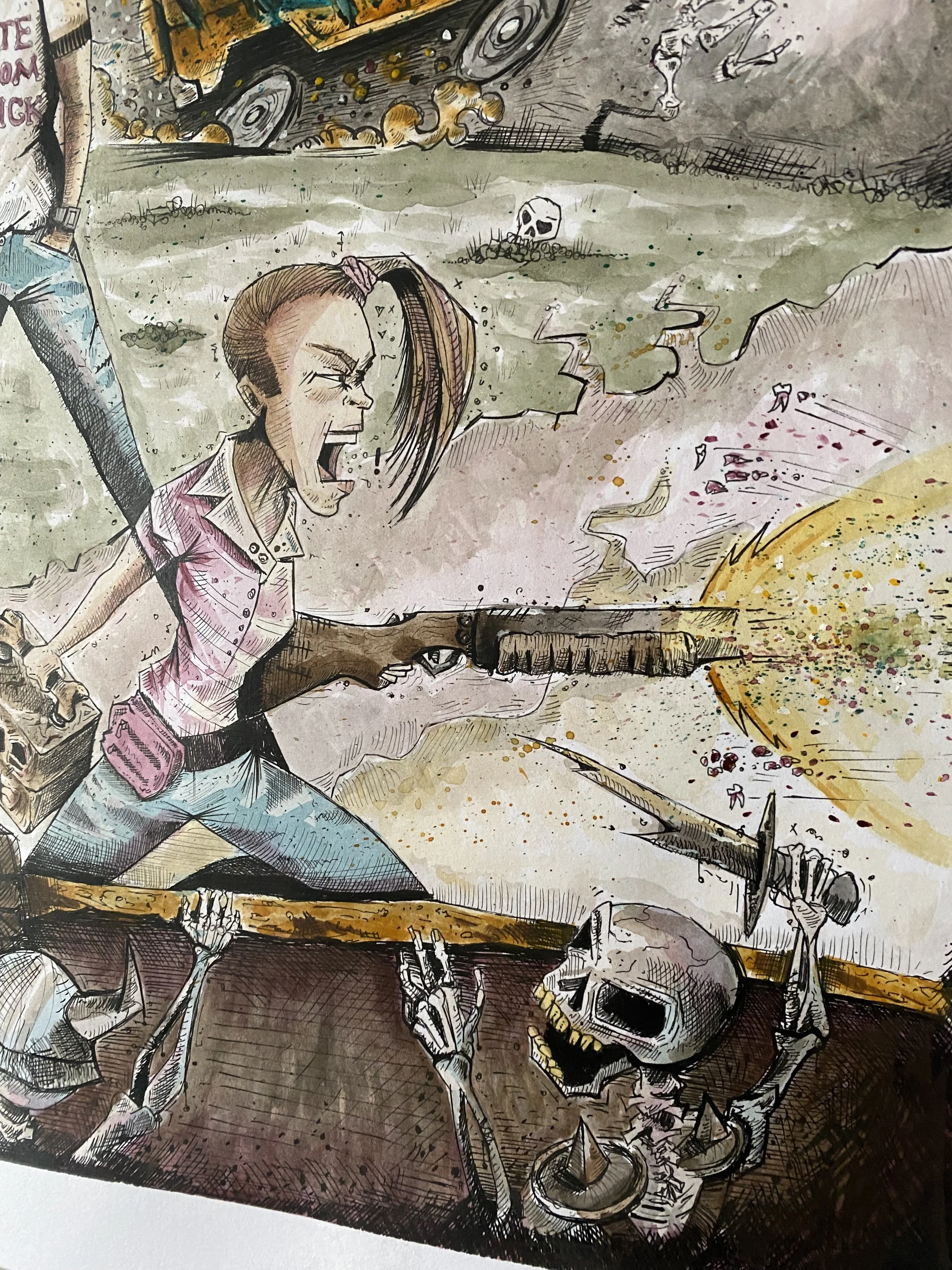 Ink and watercolor illustration zoomed in on the skeleton and Deb inspired character from the Napolean Dead illustration.