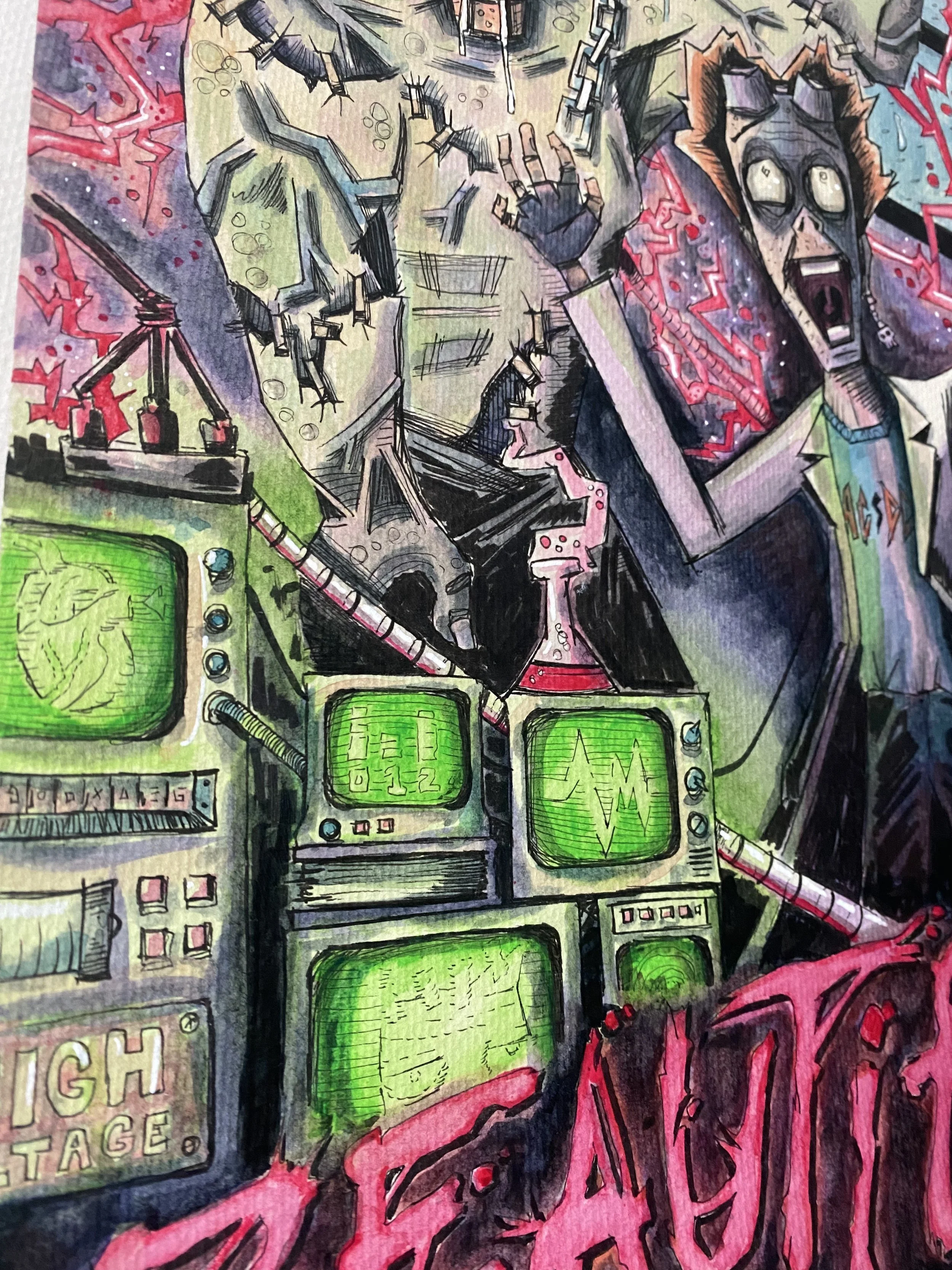 A close up of the CRT monitors in the ink and watercolor illustration of Dr. Frankenstein and his creation
