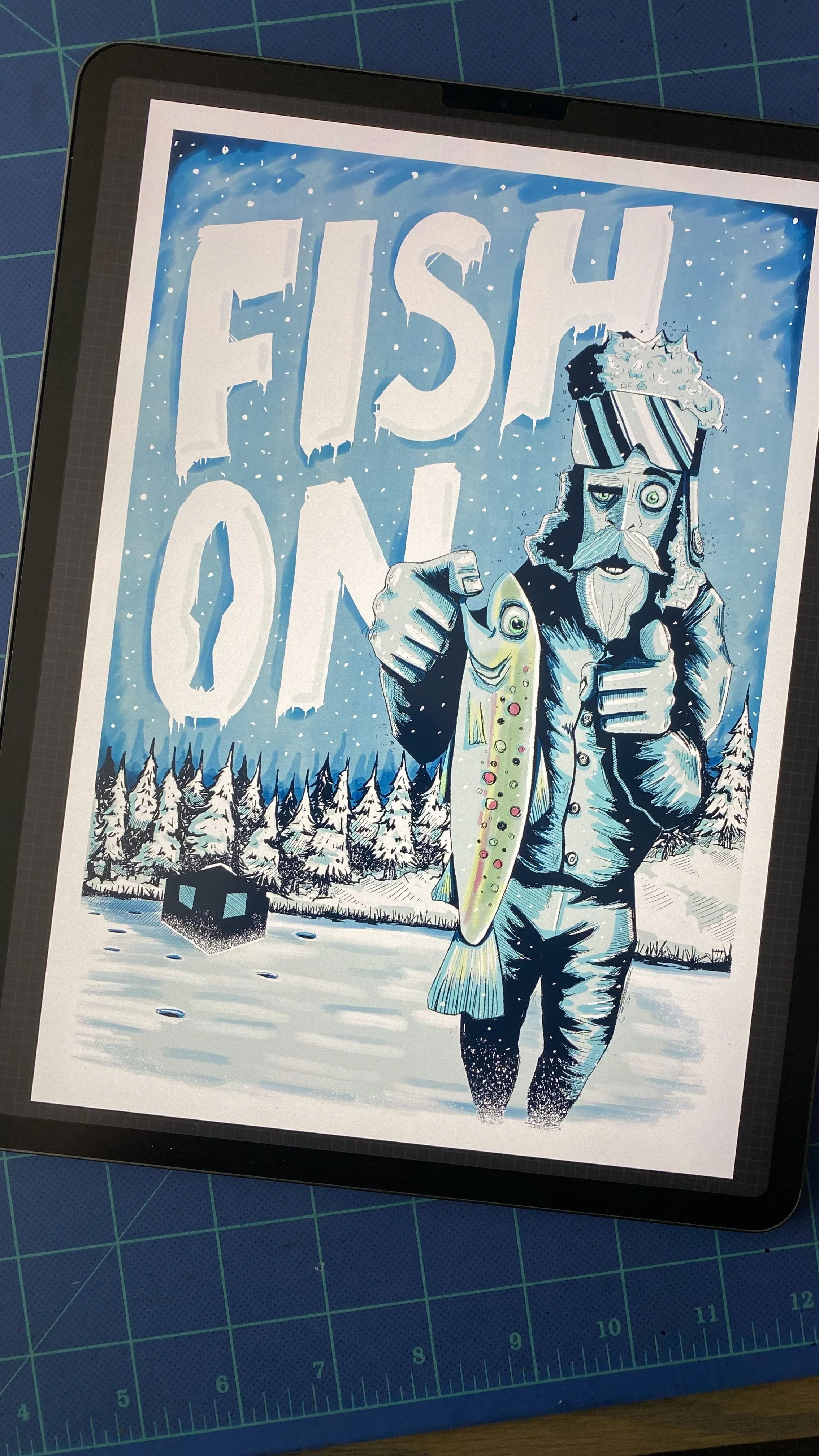 Fish On digital illustration of ice fishing showing the piece on the ipad