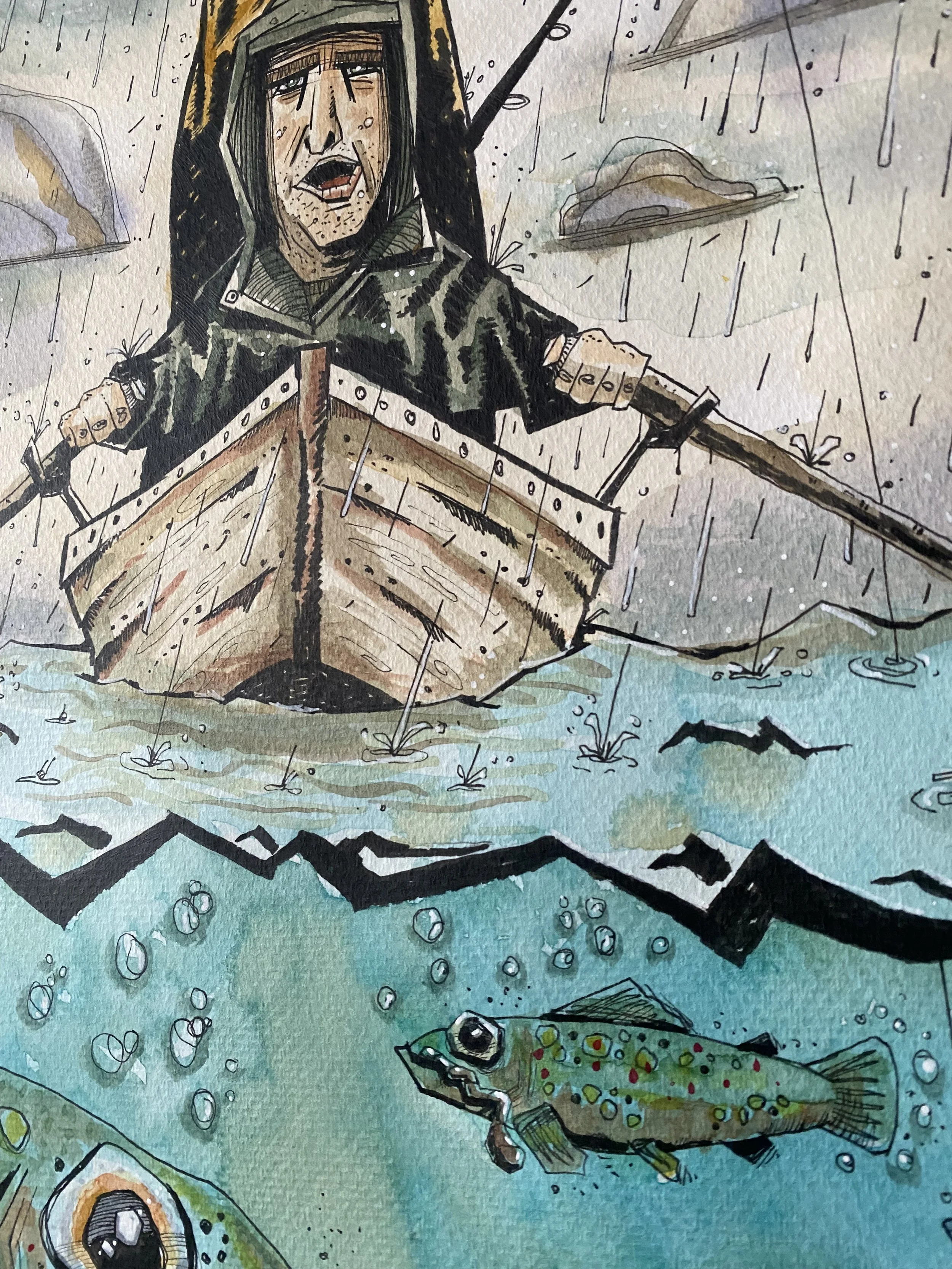 Zoomed in on two characters and a fish from the Stories We Still Tell ink and watercolor illustration