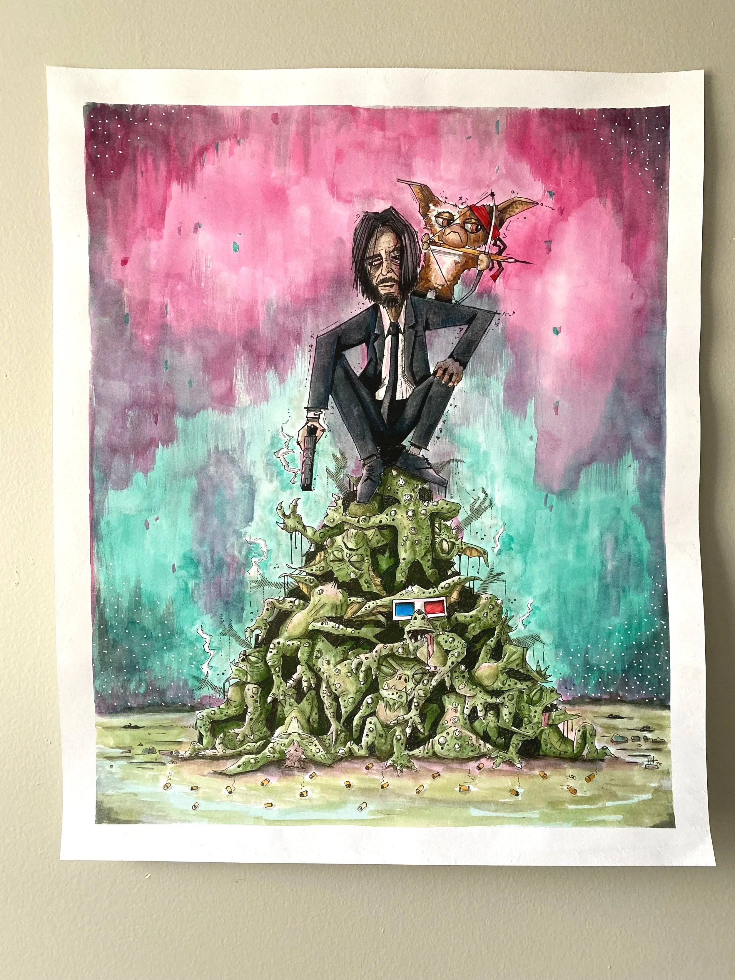 The full Gizmo and Wick ink and watercolor illustration. A mashup inspired by Gremlins and John Wick franchises