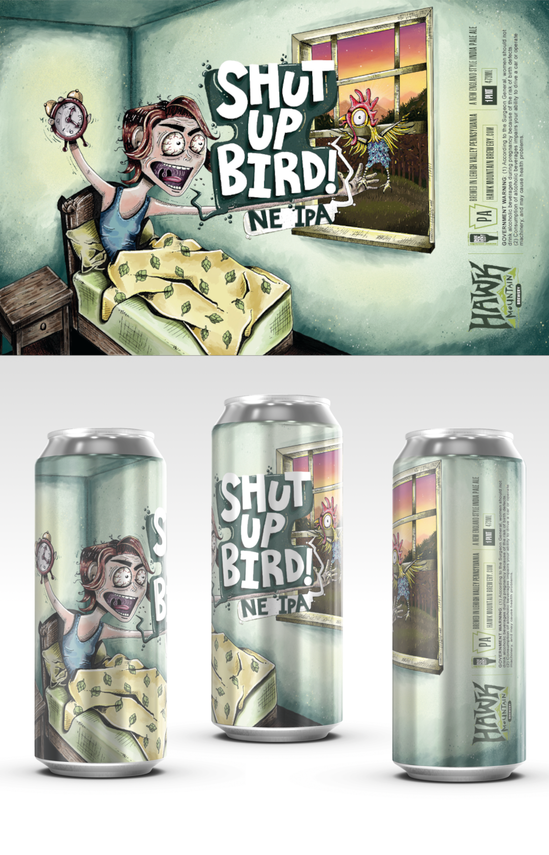 Beer label and cans from the Shut Up Bird illustration work for Hawk Mountain Brewery