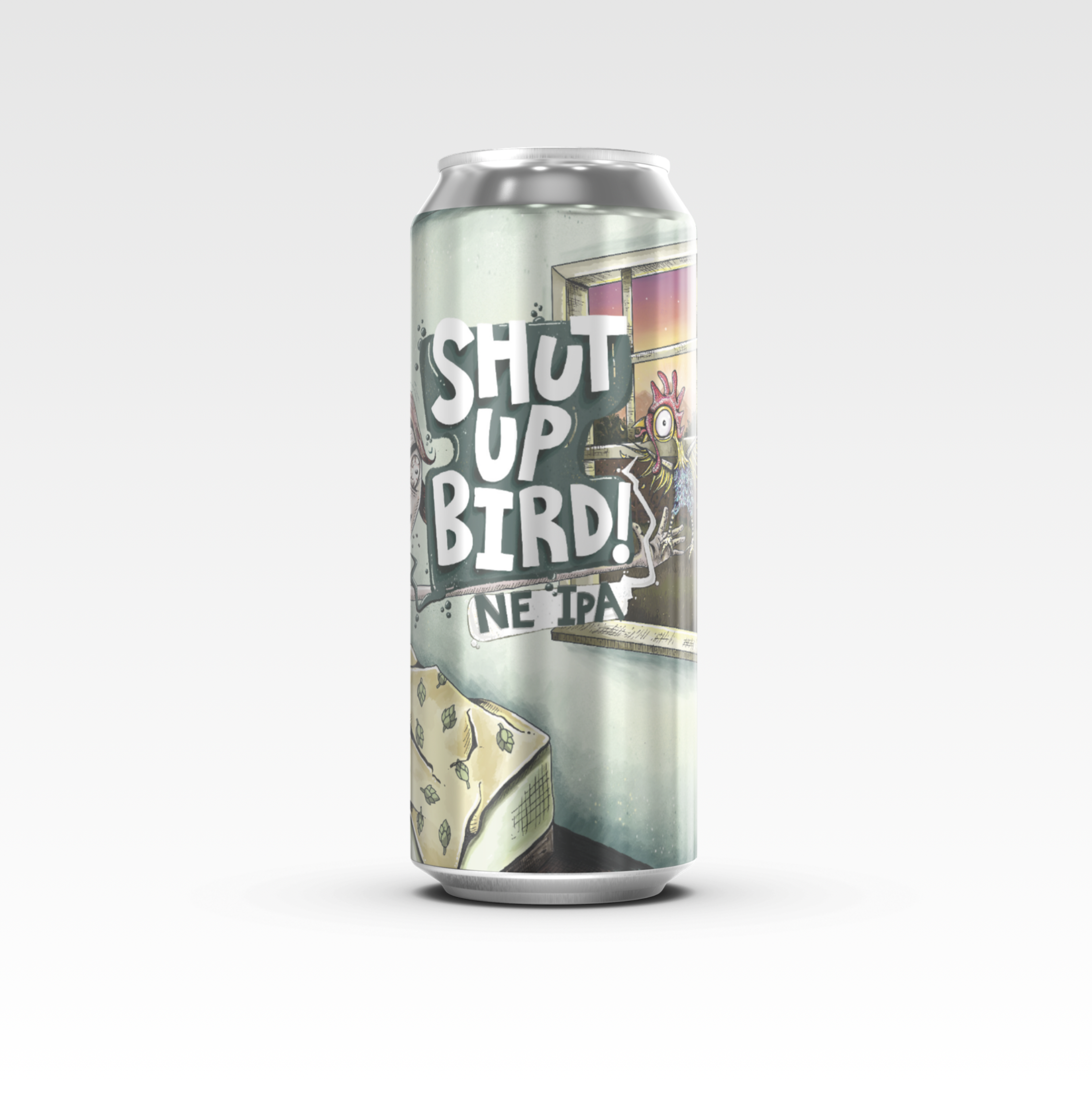 Can art, angle two, from the Shut Up Bird label art for Hawk Mountain Brewery