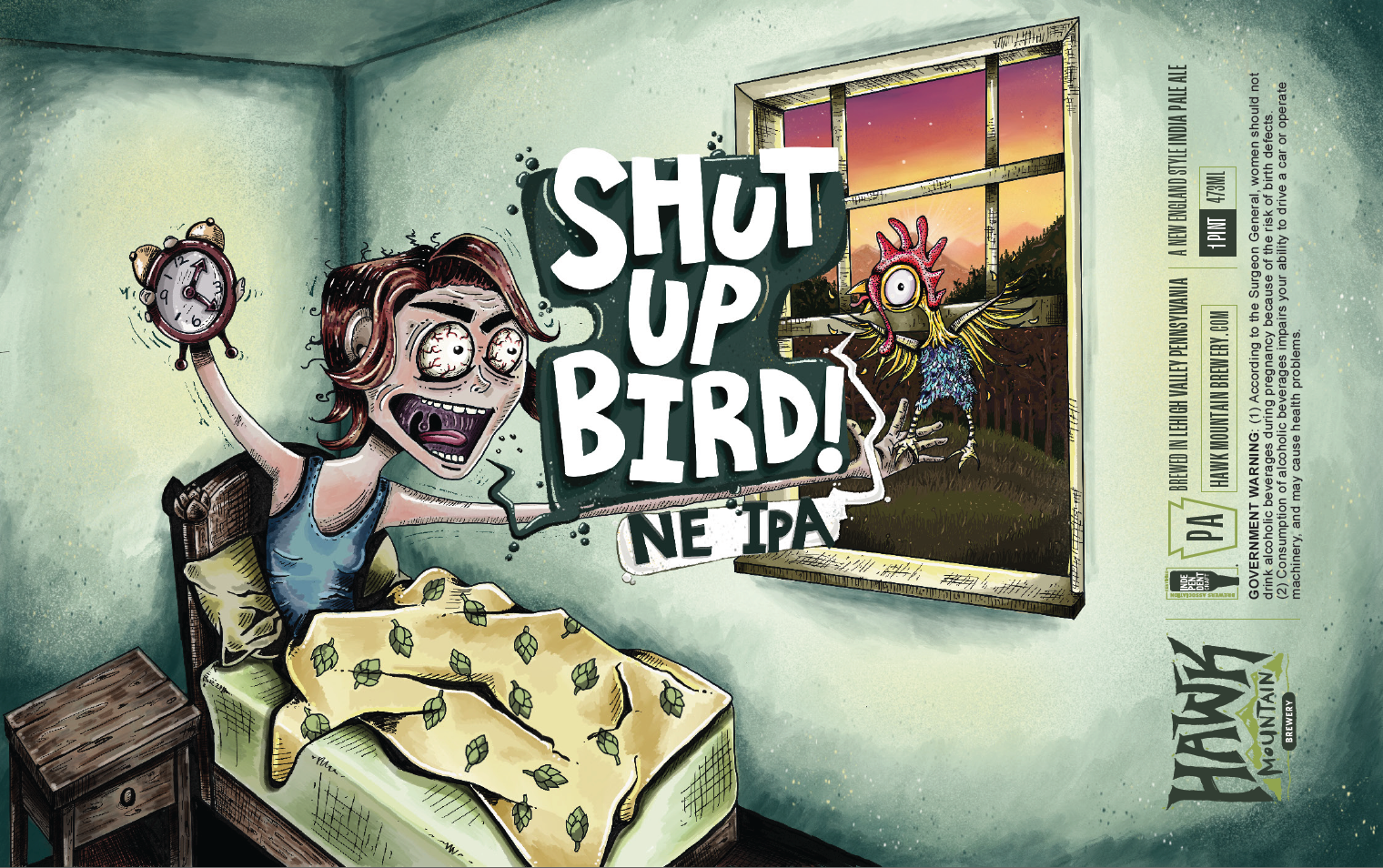 Zoomed in on the typography from the Shut Up Bird illustration work for Hawk Mountain Brewery