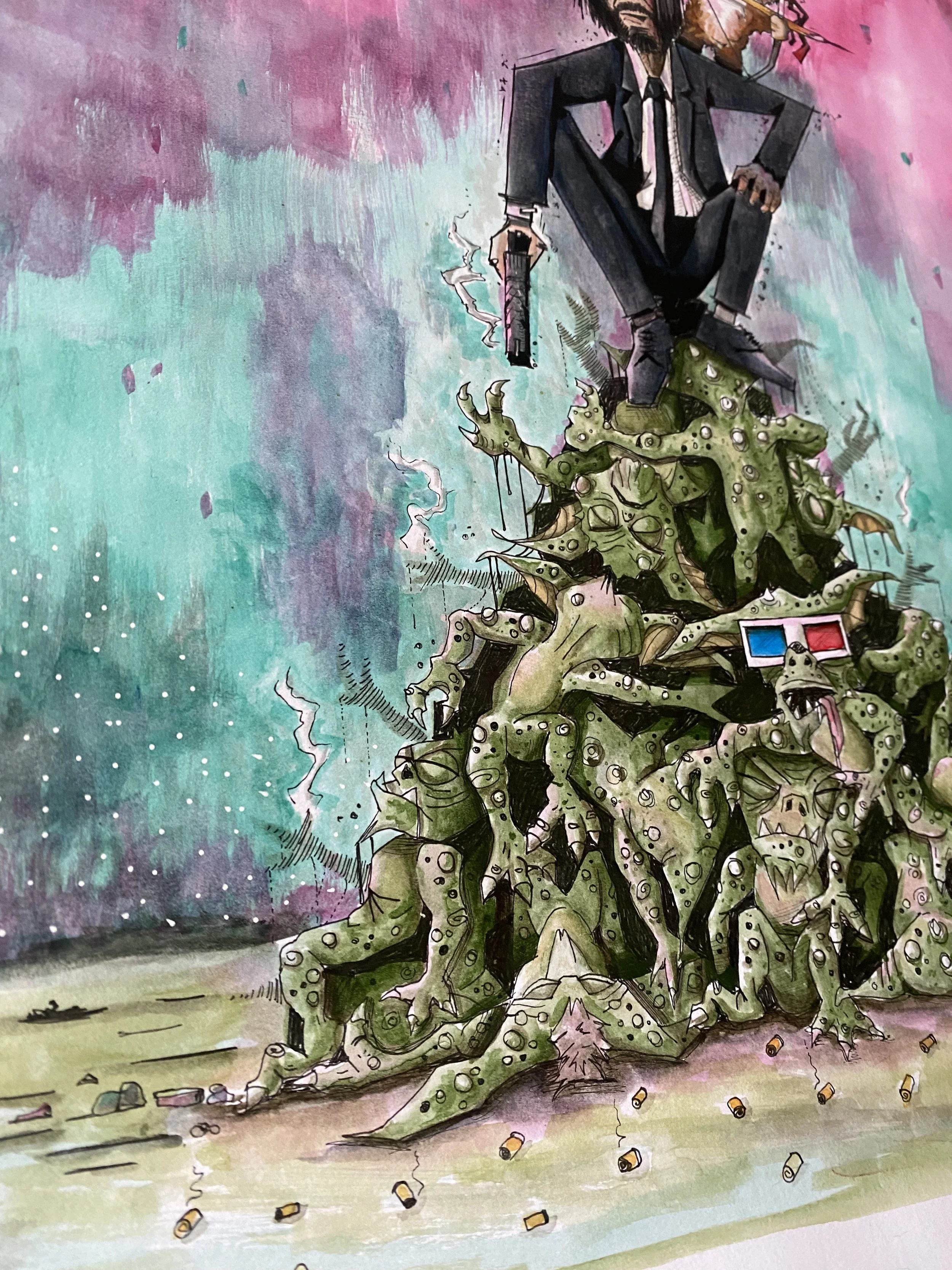 An angle showing the background and pile of Gremlins from the Gizmo and Wick ink and watercolor illustration