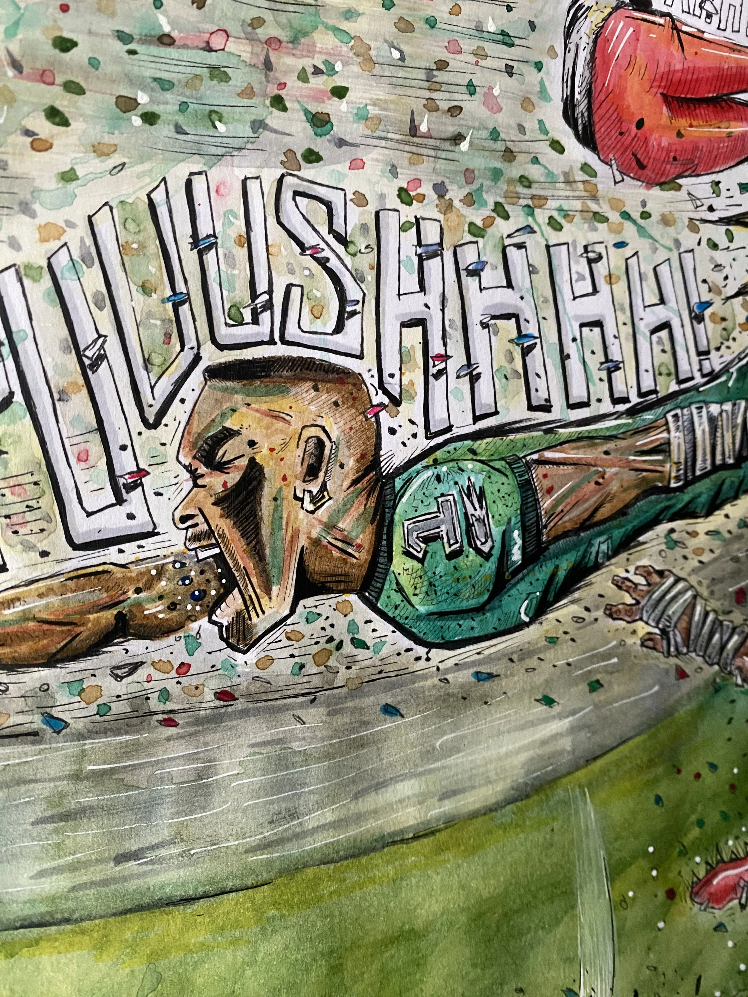 Ink and watercolor illustration zoomed in on the Jalen Hurts character from the Brotherly Shove piece