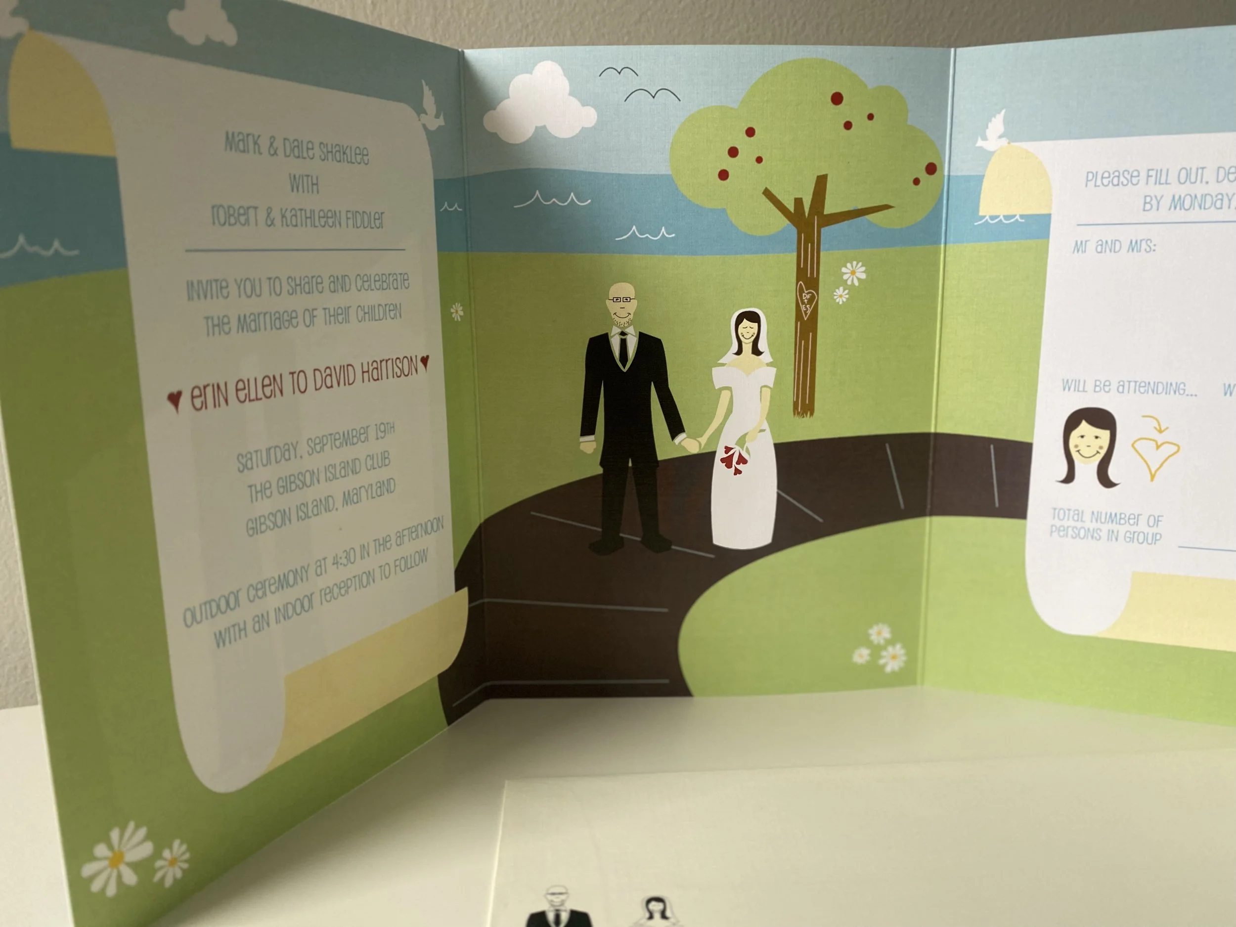 Zoomed in on the bride and groom from the Annapolis-themed, illustrated, custom wedding invite