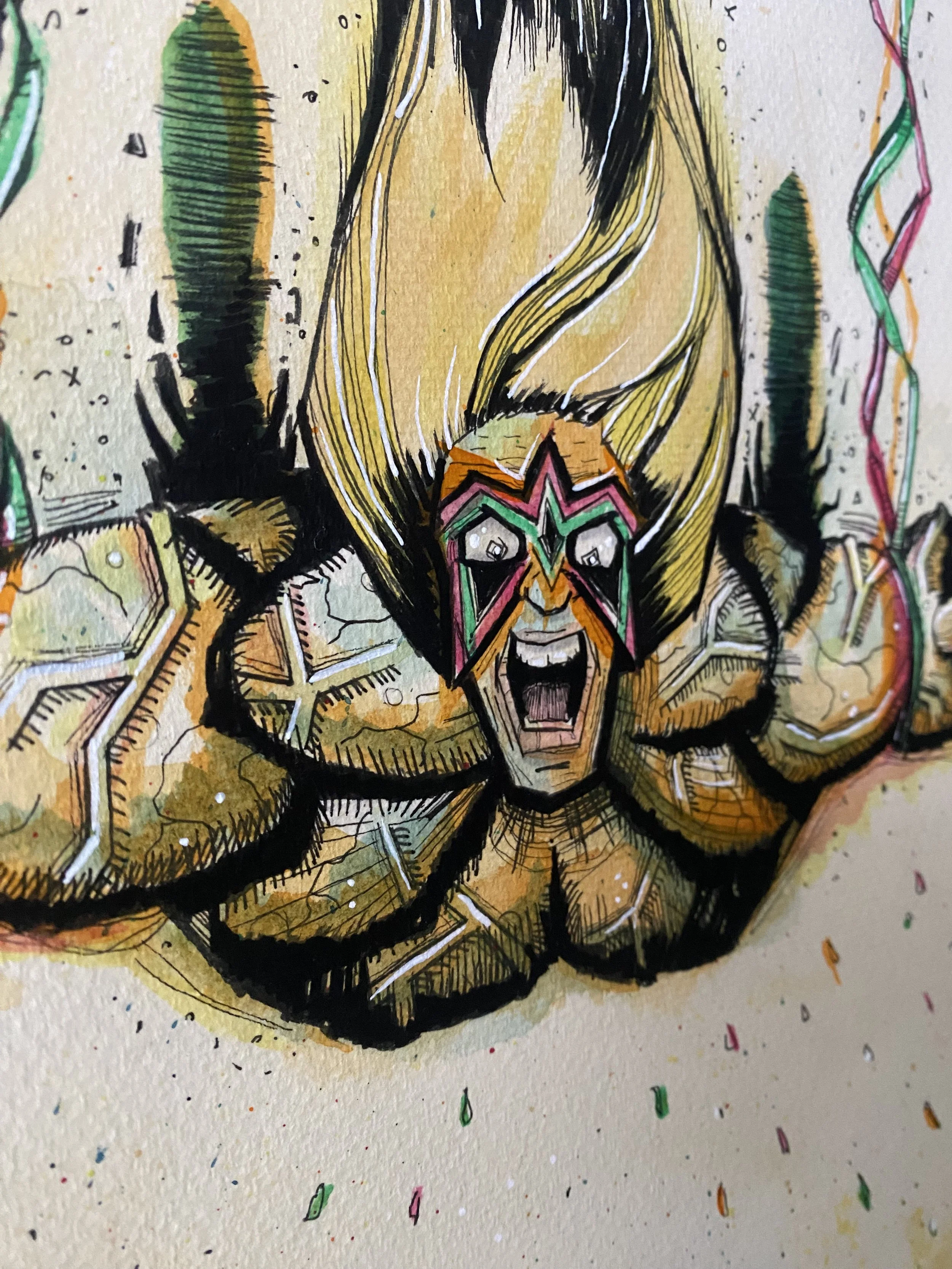 Close up of the Ultimate Warrior inspired character from the ink and watercolor illustration