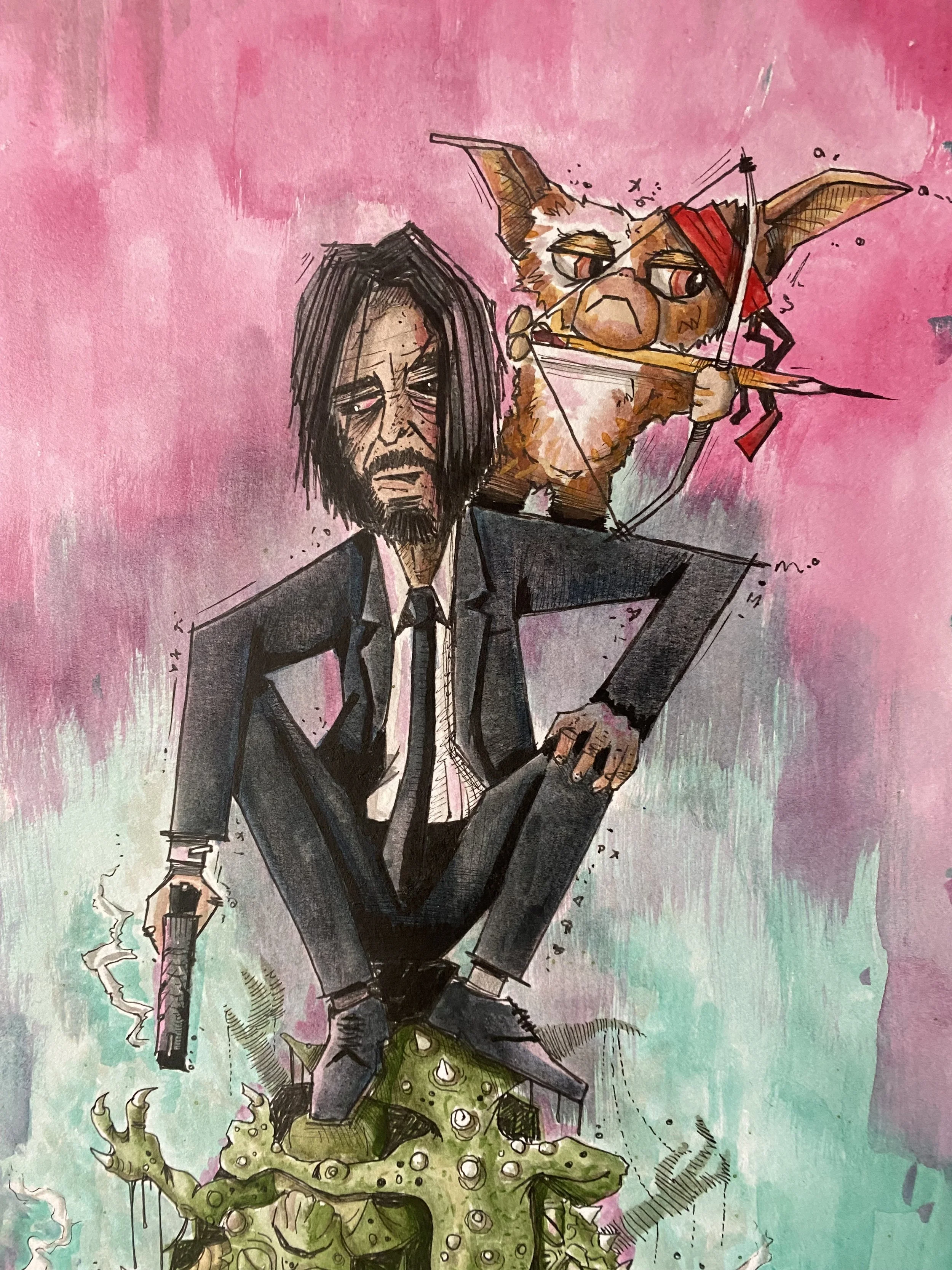 Zoomed in on the Gizmo and John Wick inspired characters from the Gizmo and Wick ink and watercolor illustration