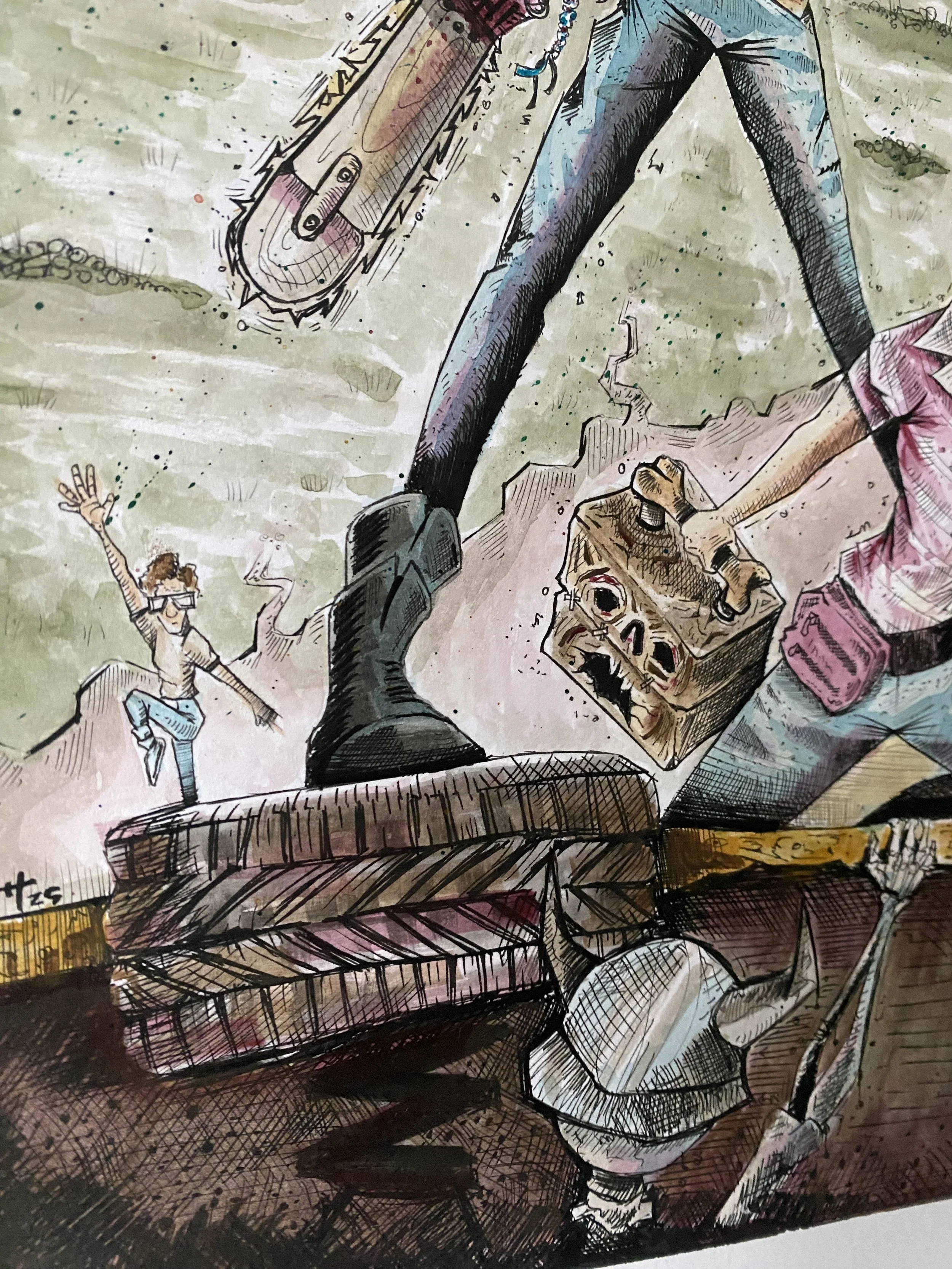 Ink and watercolor illustration zoomed in on the mini-Napolean inspired character from the Napolean Dead illustration.