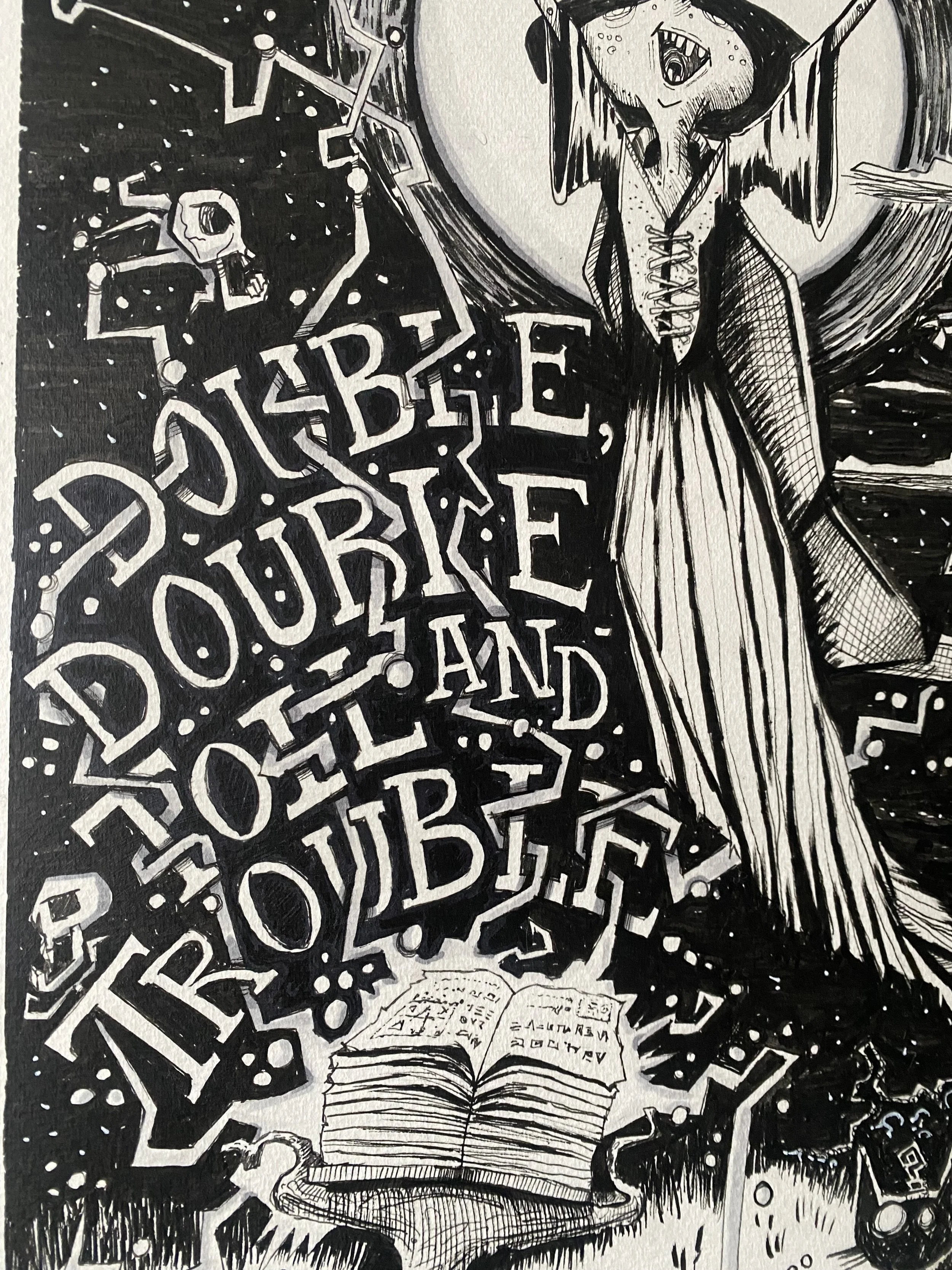 Zoomed in on the typography from the Weave A Little Spell ink and marker illustration