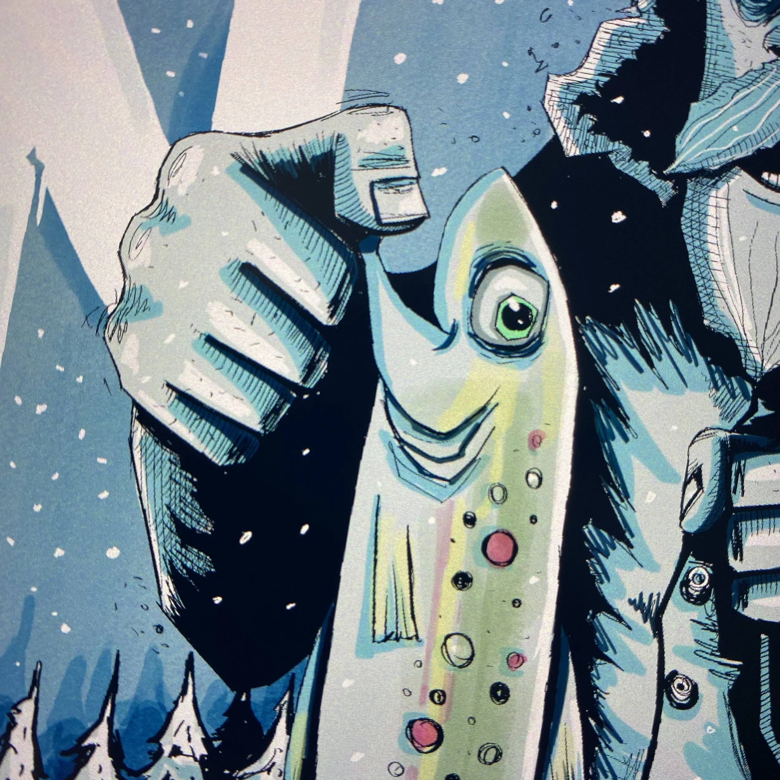 Fish On digital illustration of ice fishing zoomed in on the trout