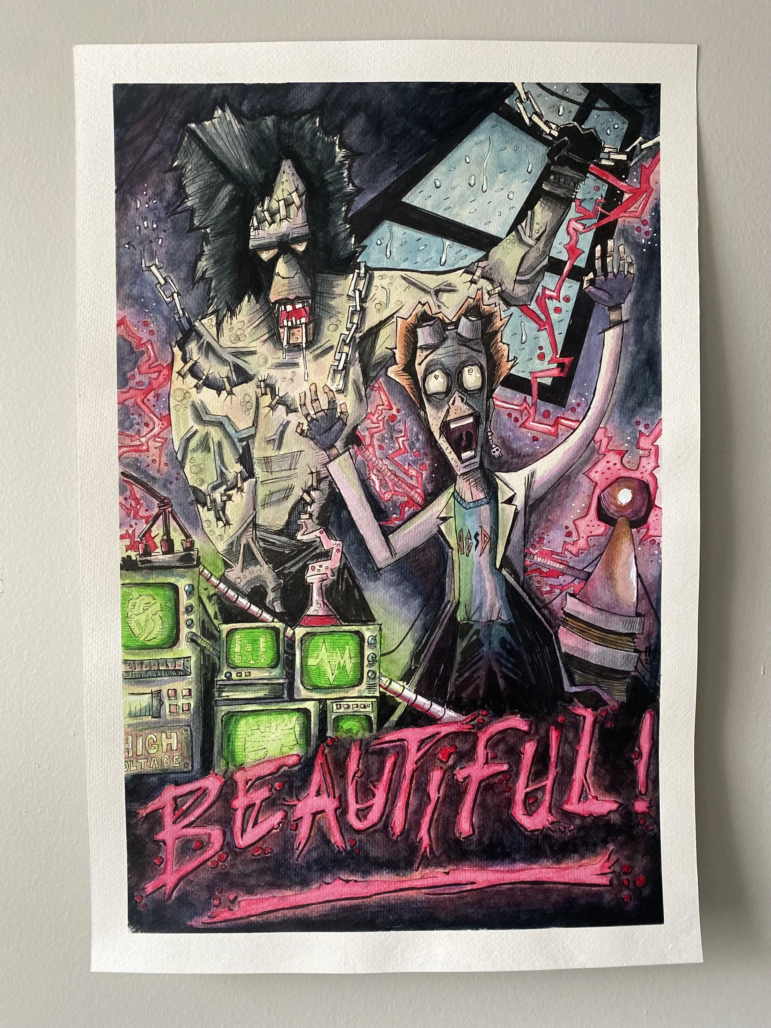 Hatching Havoc's Frankenstein inspired ink and watercolor illustration titled Behold the Accomplishment of my Toils.