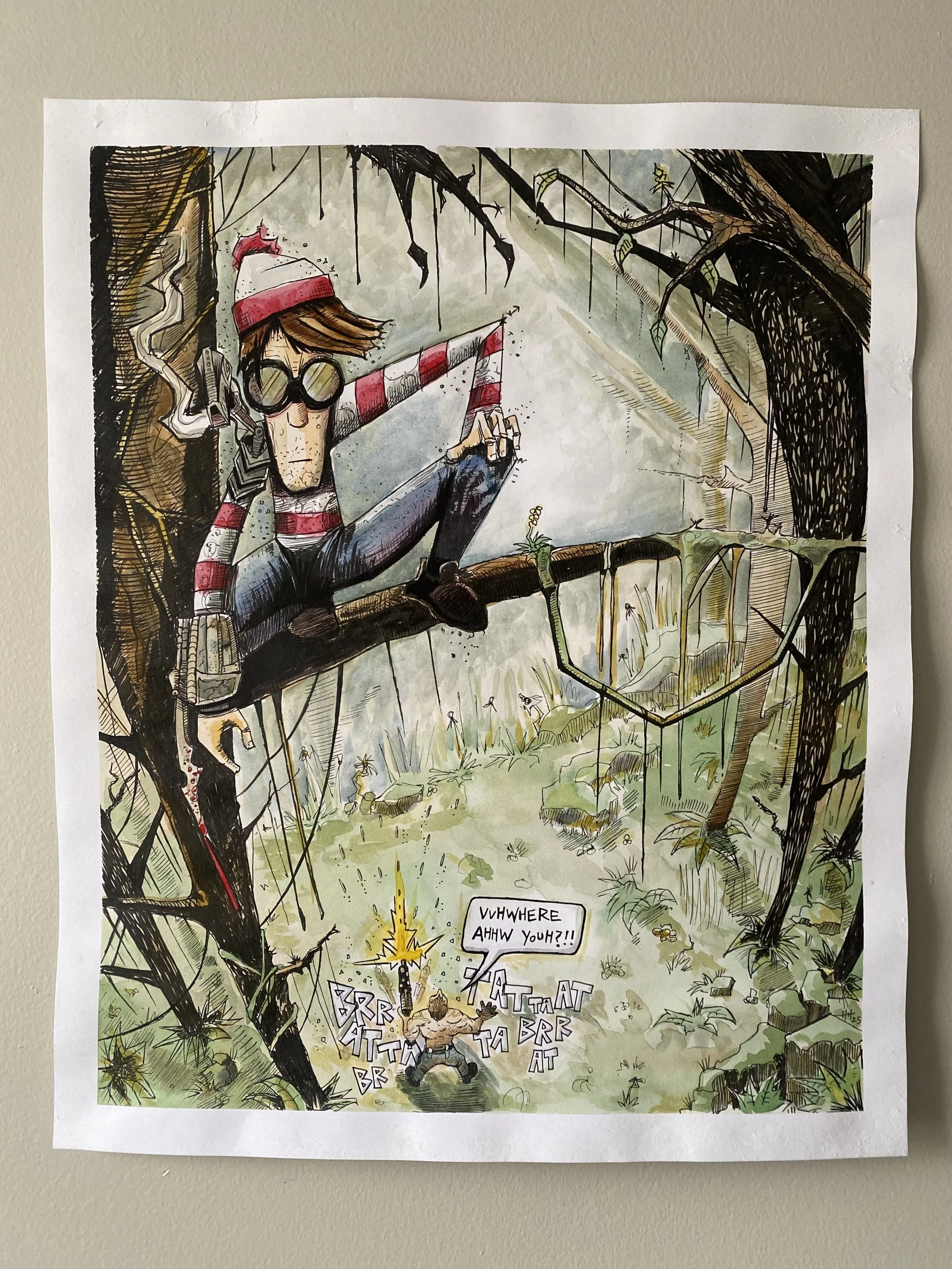 The Wheres Waldo - Predator inspired mashup ink and watercolor illustration