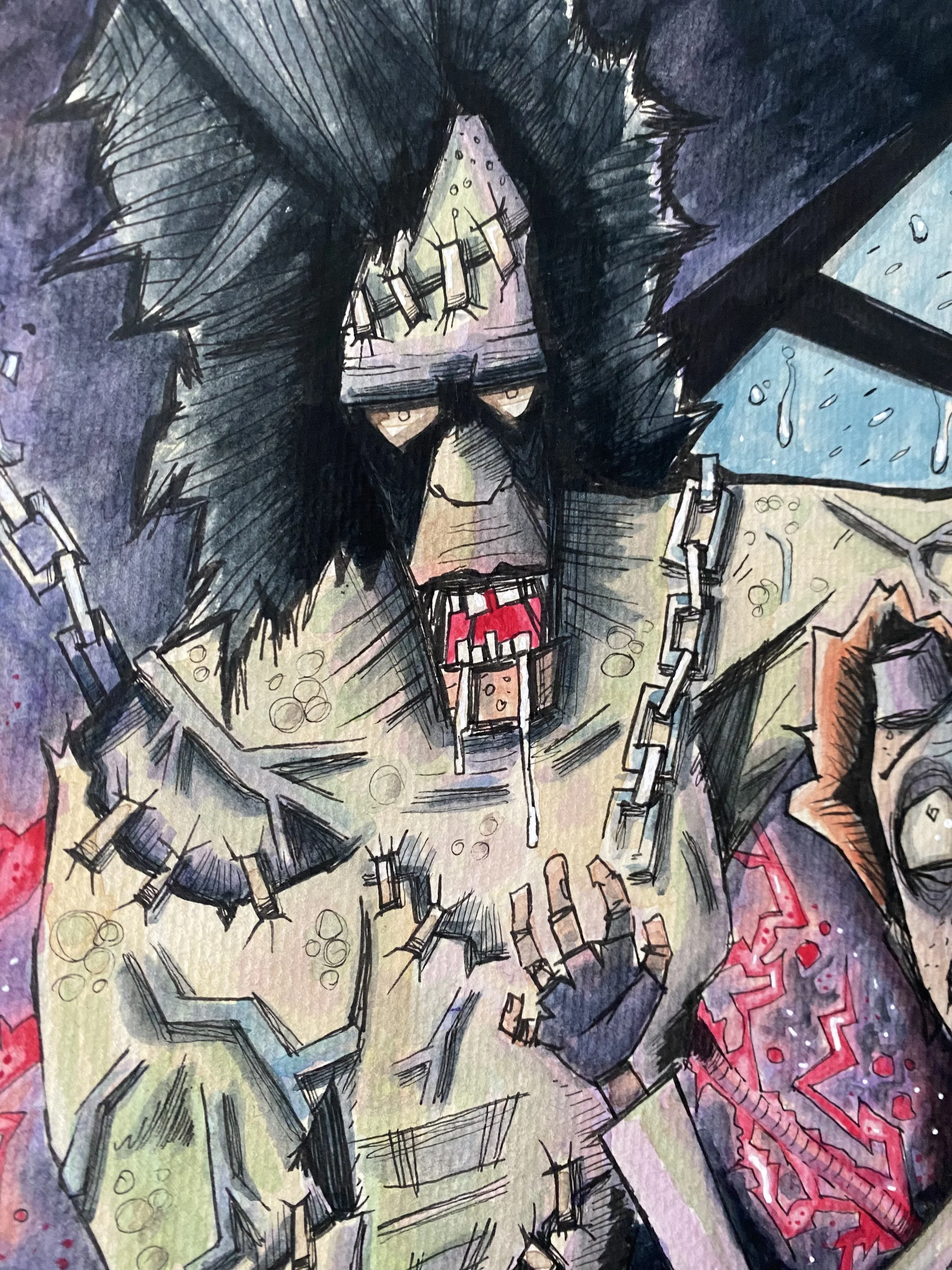 A close up of Frankensteins monster from Hatching Havoc's ink and watercolor illustration.