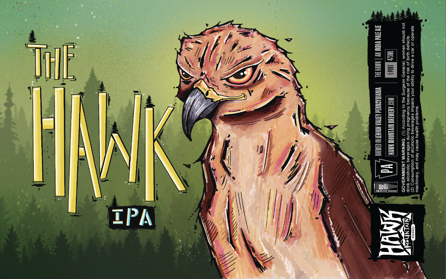 Zoomed in on the hawk from the The Hawk illustration work for Hawk Mountain Brewery