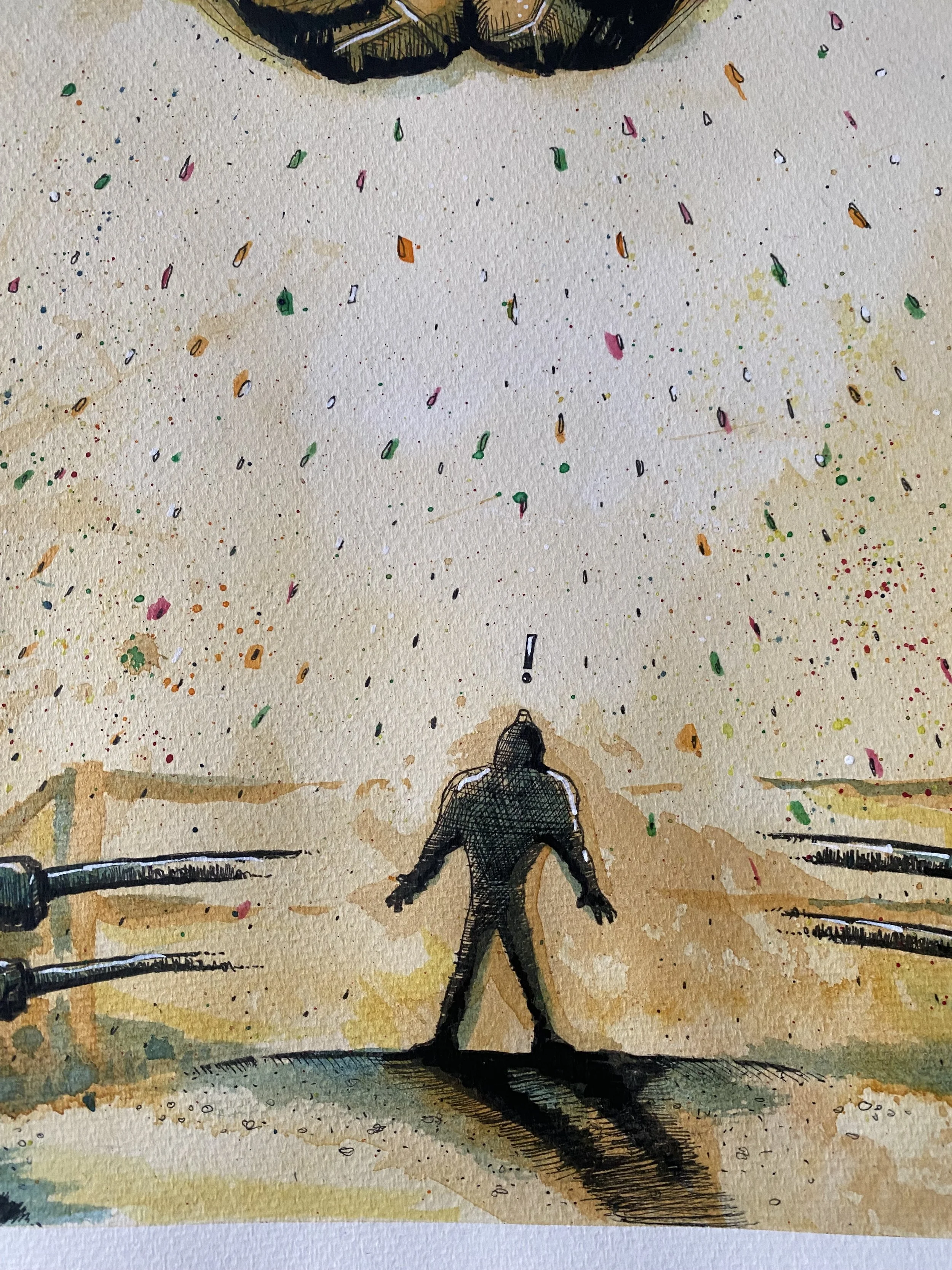 Zoomed in on the lower character in the ink and watercolor illustration Raised on Spectacle