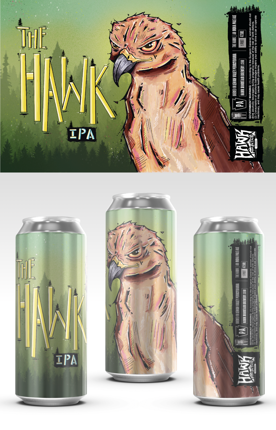 Beer label and cans from the The Hawk illustration work for Hawk Mountain Brewery