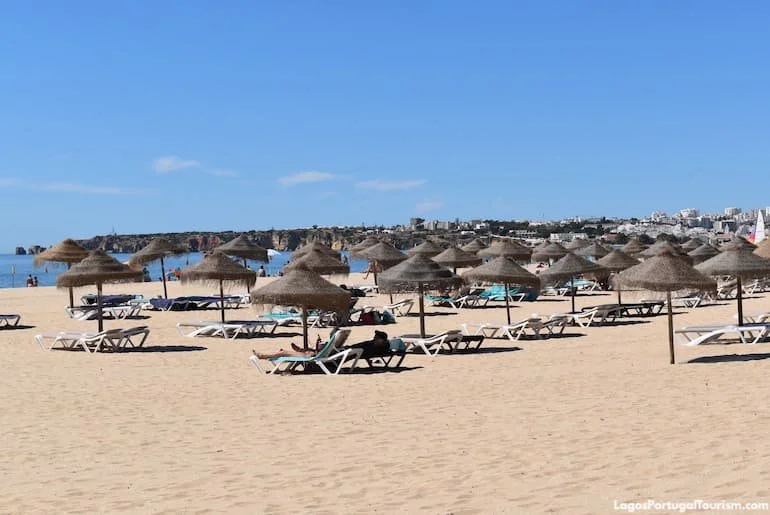 A sandy beach with rows of straw umbrellas and lounge chairs under a clear blue sky