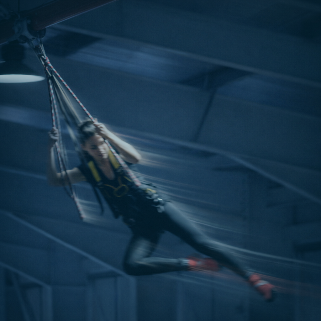 Frau in Sicherungsgeschirr schwingt an Seilen in einem Indoor-Sporthalle.