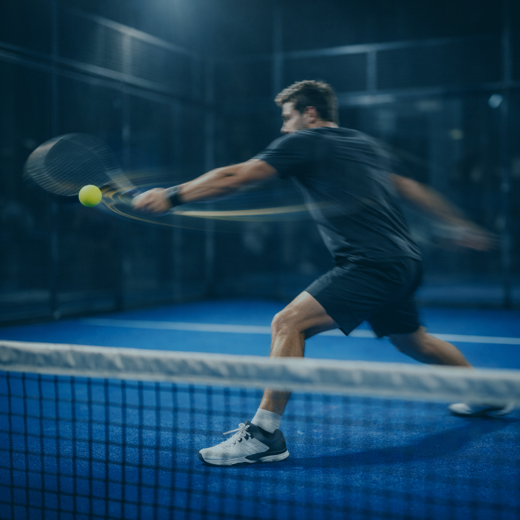 Mann spielt Tennis auf einer Indoor-Tennisbahn, Schläger trifft den Ball in einem Vorwärtsschlag.