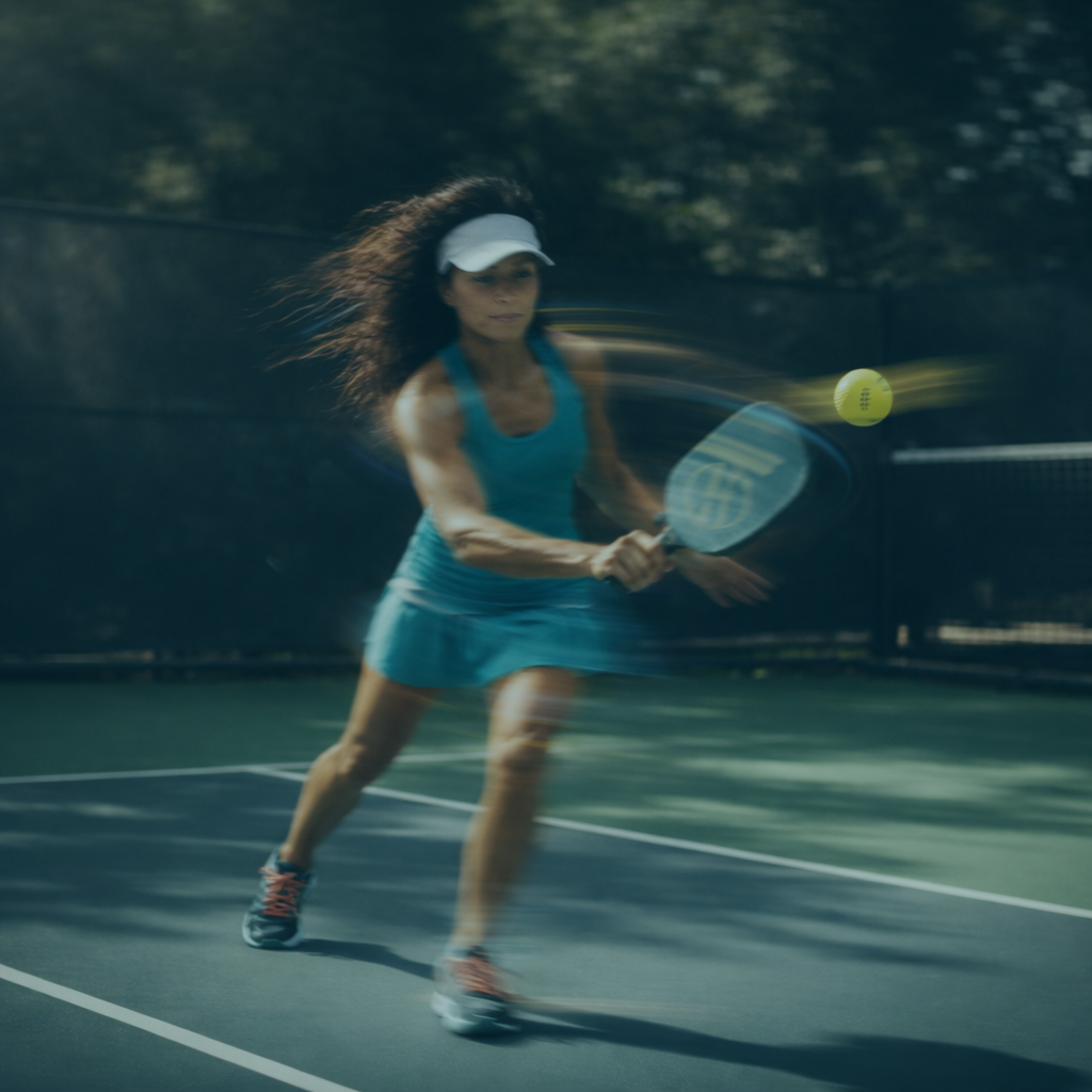 Frau spielt Tennis auf einem Tennisplatz, schießt den Ball mit einem Schläger, trägt Sportkleidung und eine Kappe.