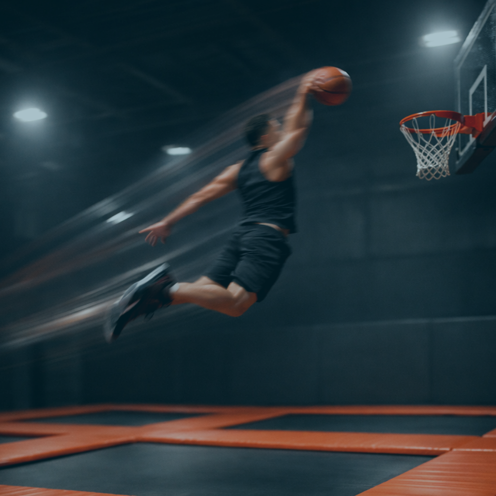 Ein Mann springt an einem Trampolin in einer Turnhalle und wirft einen Basketball in einen Korb.