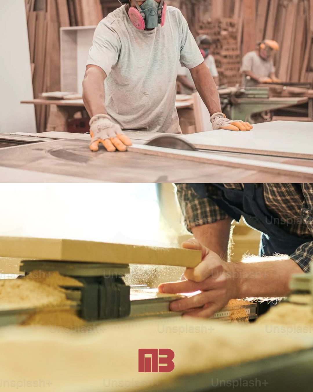 Two workers in a woodworking shop shaping wood. The worker in the top image wears a mask and gloves, using a circular saw, while the worker in the bottom image presses down on a sheet of wood on a table saw.