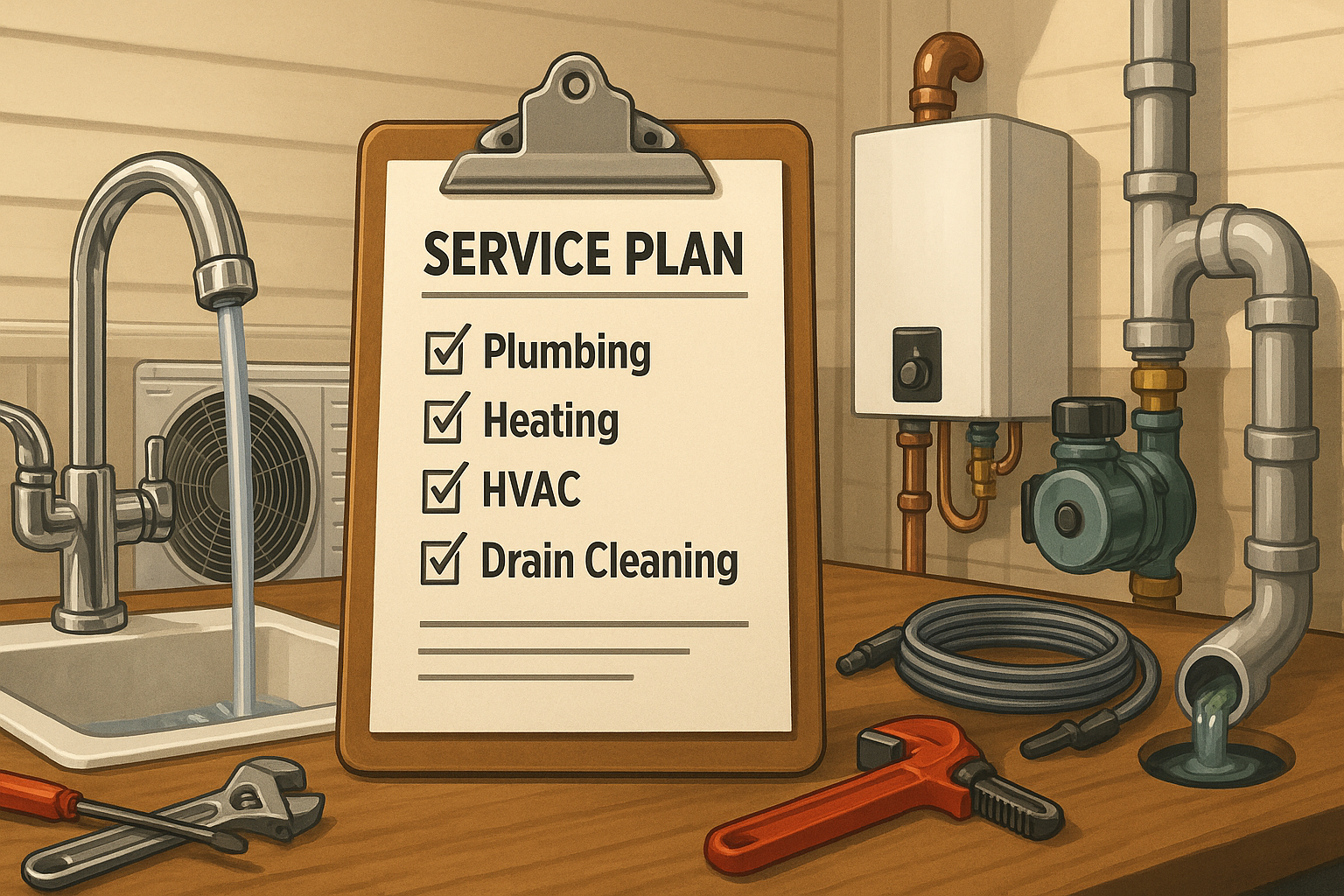 Illustration of plumbing tools and equipment on a wooden workbench with a service plan clipboard listing plumbing, heating, HVAC, and drain cleaning.