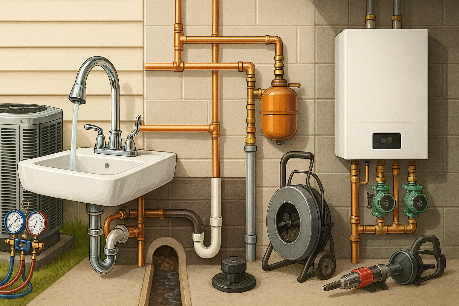 Plumbing system with sink, pipes, gauges, a water heater, and maintenance tools.