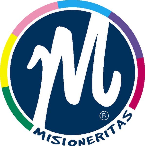 Logotipo de Misioneritas con letras blancas en fondo azul y un borde colorido alrededor.