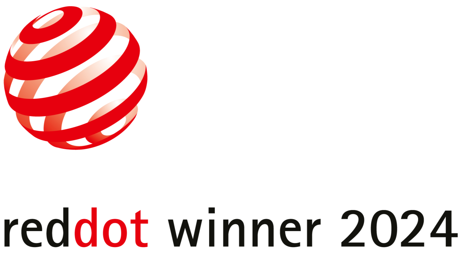 Logo du prix Red Dot Design Award 2024 avec un symbole de sphère rouge orné de bandes courbes, et le texte "reddot winner 2024" en noir, avec "dot" en rouge.