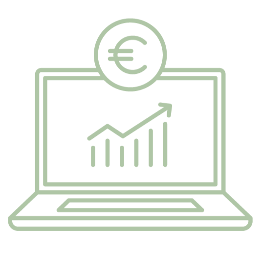 Icône montrant un ordinateur portable avec un graphique en croissance et un symbole euro au-dessus.