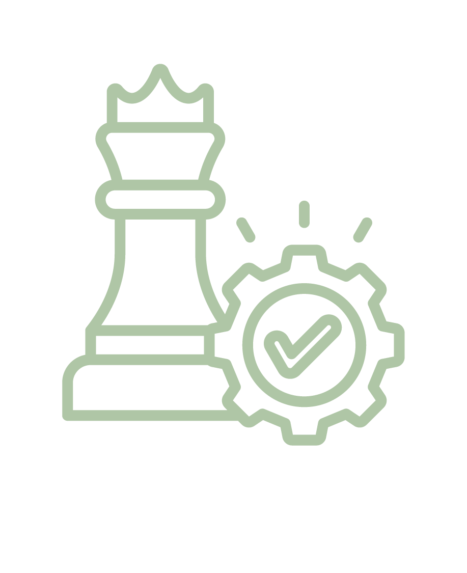 Icône représentant un roi d'échecs avec une coche dans un engrenage, symbolisant la stratégie ou la gestion réussie.