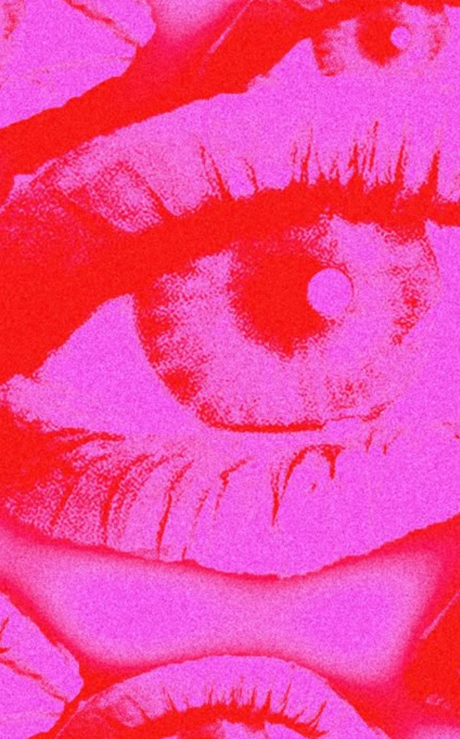 Close-up of a print with multiple pink and red lips and an eye in the background.