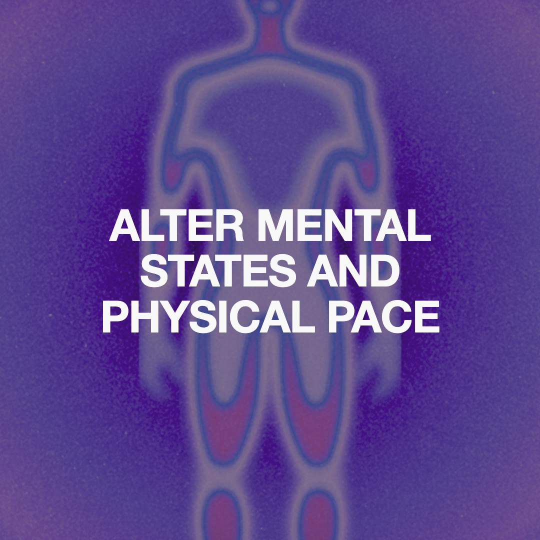 Abstract blue and purple background with a stylized human figure and the text 'Alter Mental States and Physical Pace' overlaid.