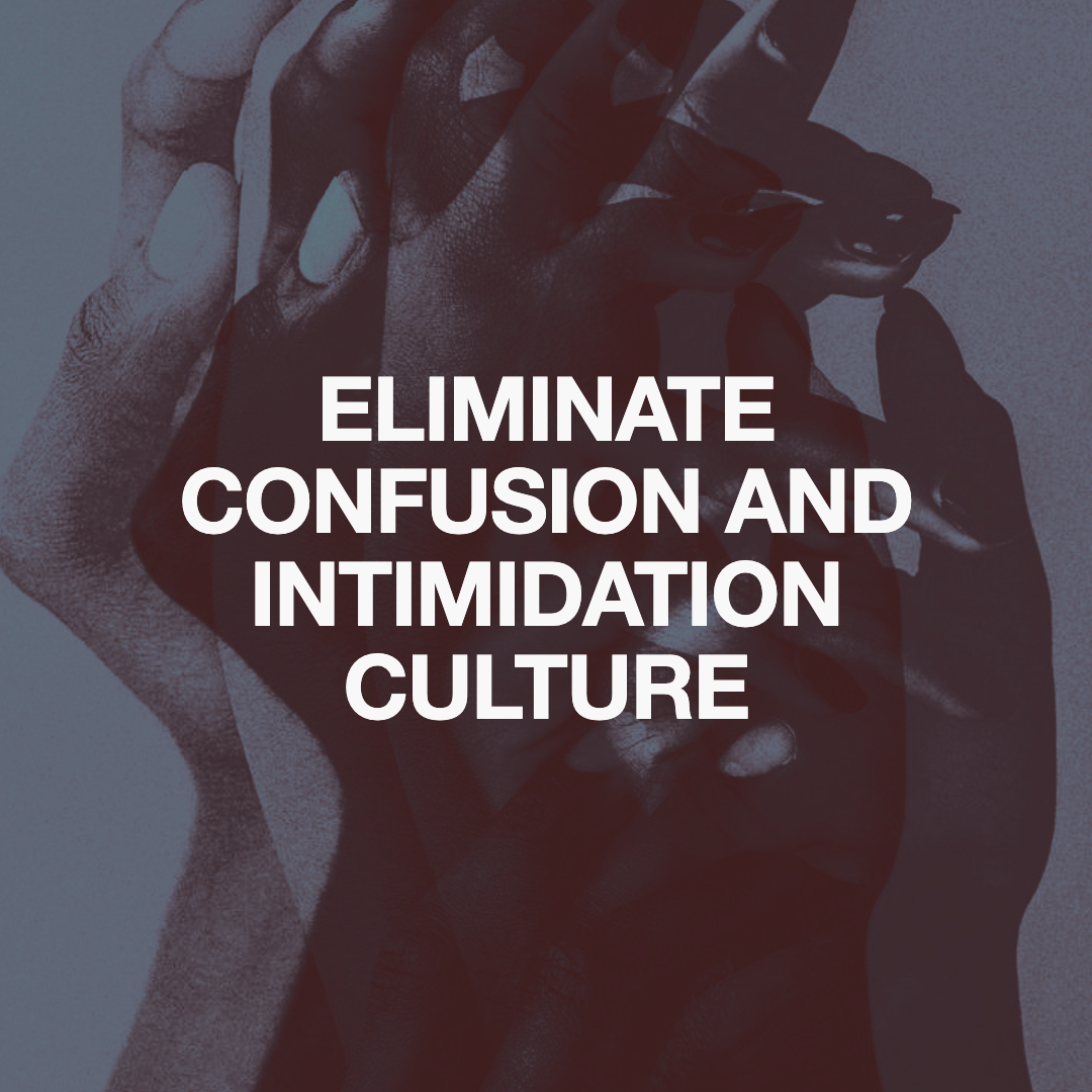 A person holding their head with hands, with a dark overlay and the bold white text 'Eliminate Confusion and Intimidation Culture' over the image.