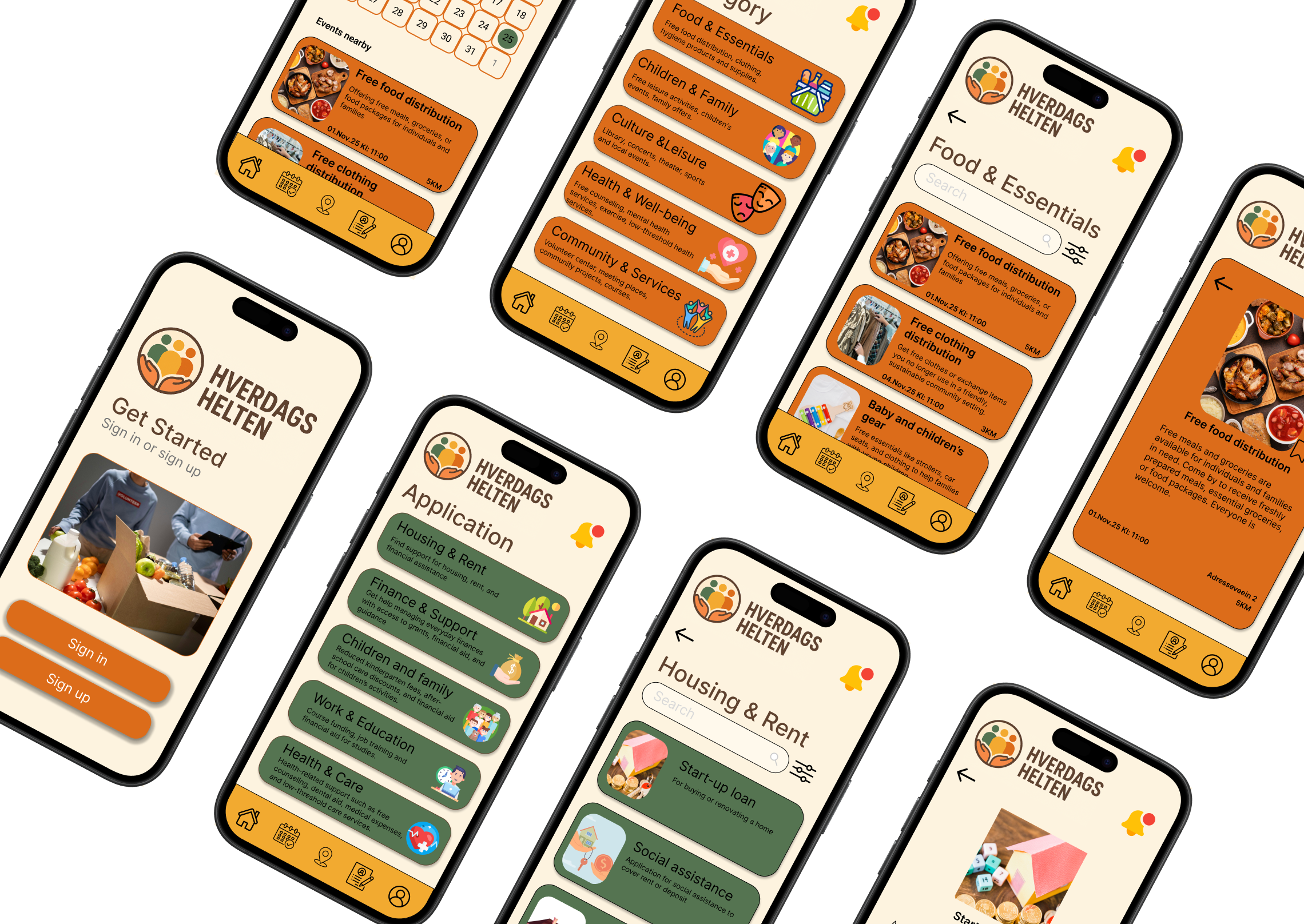 Multiple smartphone screens displaying the Hverdag Helten app interface, including sections like Food & Essentials, Housing & Rent, and various support categories with icons and descriptions.