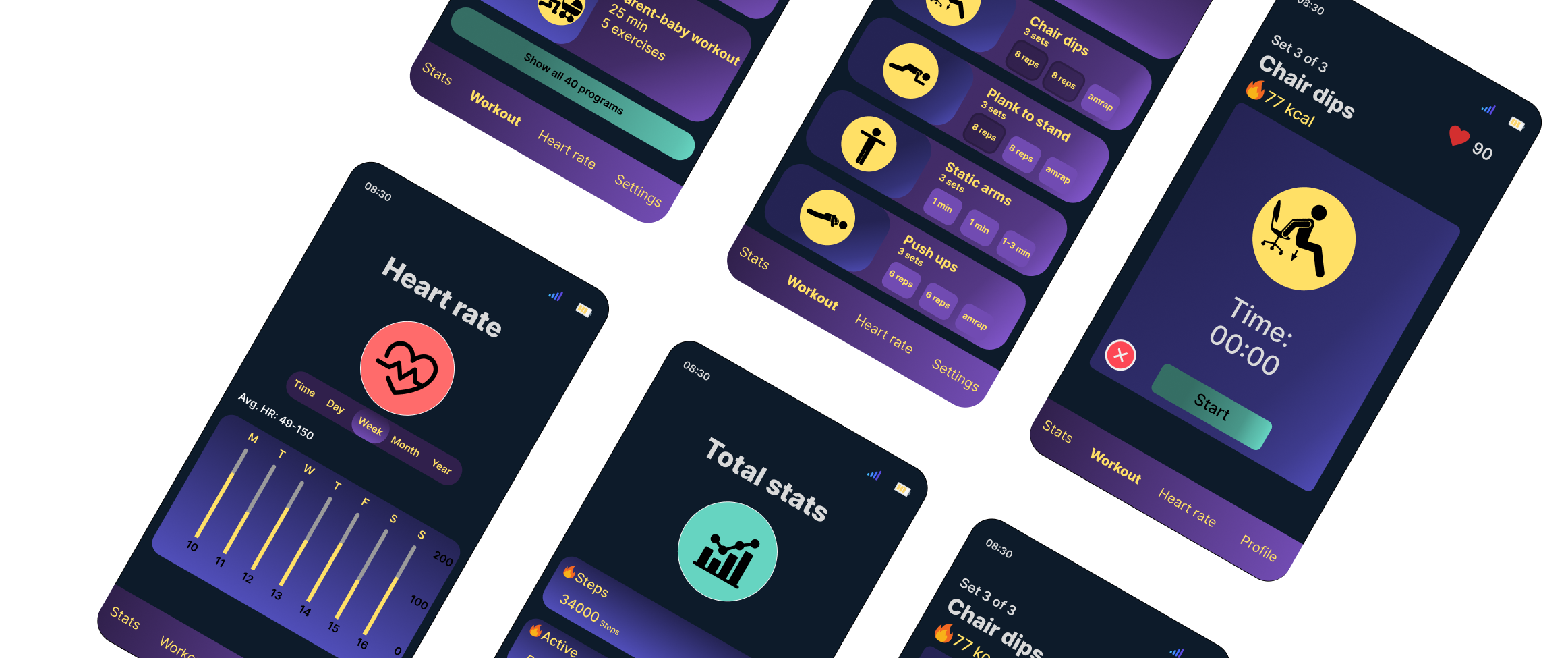 Multiple screenshots of a fitness app interface, including workout routines, heart rate statistics, total steps, and a timer for exercises.